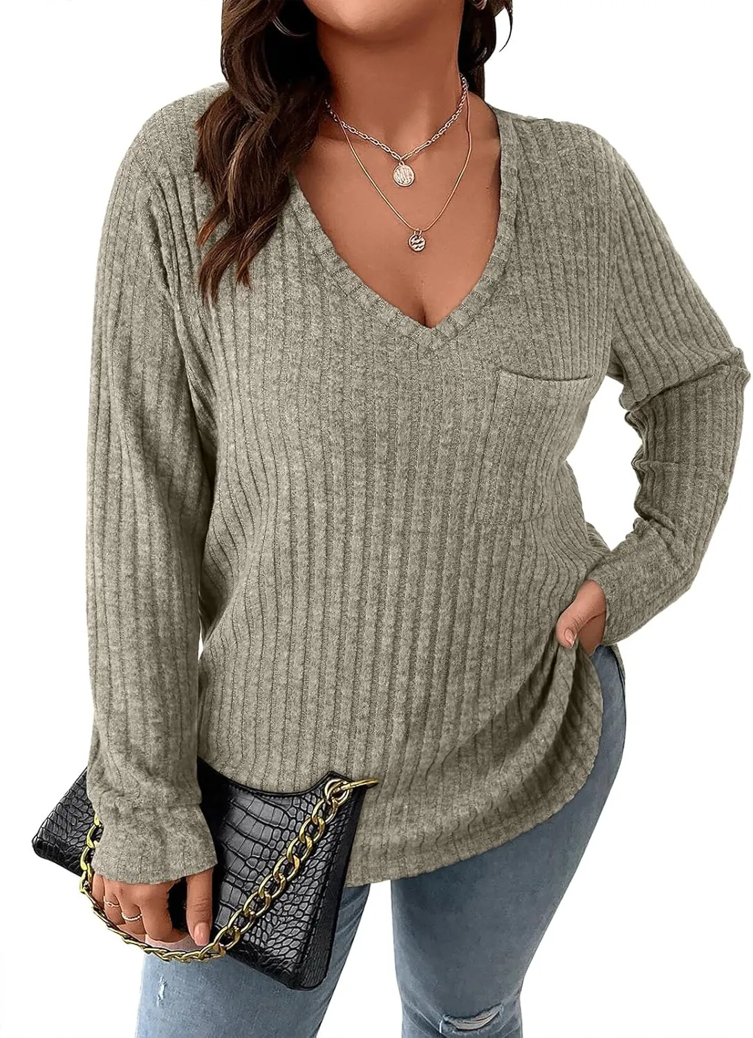 Koscacy Women Plus Size Casual Knit Sweater with Pocket V Neck Solid Color Tops Lightweight Long Sleeve Blouses