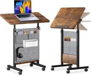 KOUPA Height Adjustable Standing Desk with Storage Bag widths16 in Length 31 in, Portable Rolling Mobile Stand Up Table with Wheels, 360 Degree Flip Laptop Computer Desk for Home Office, Rustic Brown