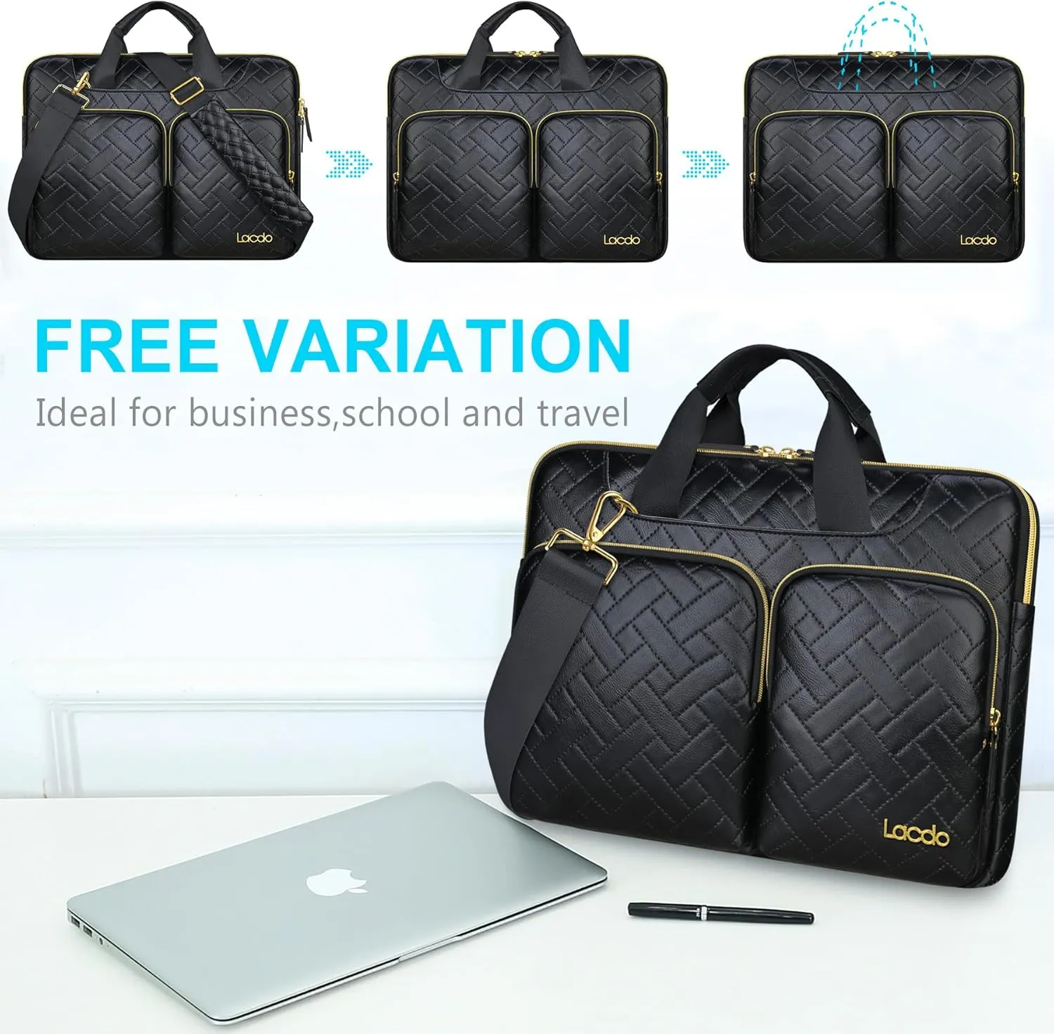 Lacdo 360° Protective Laptop Shoulder Bag for 15 inch New MacBook Air M4 A3241 2025, M3 A3114, M2 A2941 2024-2023, 15 inch MacBook Pro A1990 A1707, Dell XPS 15 Plus Computer Case Bag, Elegant Black