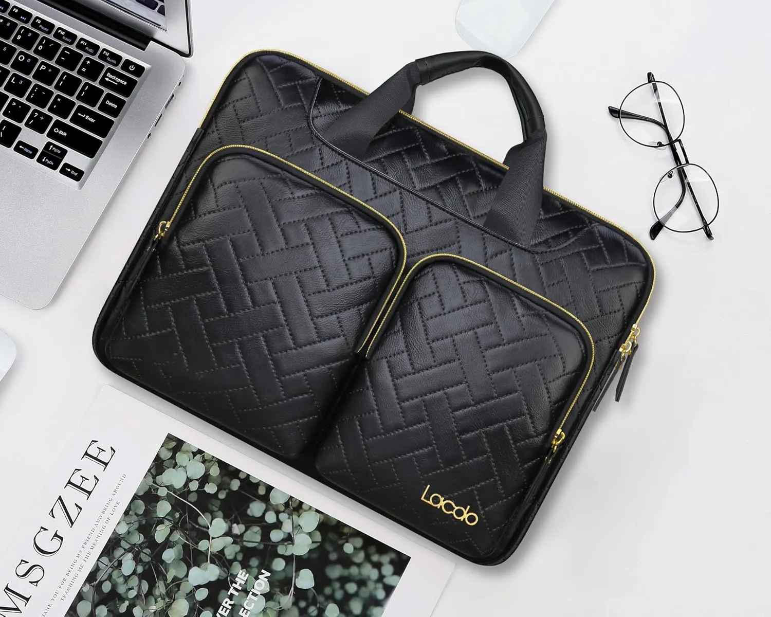 Lacdo 360° Protective Laptop Shoulder Bag for 15 inch New MacBook Air M4 A3241 2025, M3 A3114, M2 A2941 2024-2023, 15 inch MacBook Pro A1990 A1707, Dell XPS 15 Plus Computer Case Bag, Elegant Black