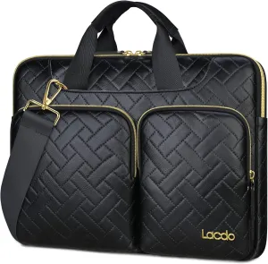 Lacdo 360° Protective Laptop Shoulder Bag for 15 inch New MacBook Air M4 A3241 2025, M3 A3114, M2 A2941 2024-2023, 15 inch MacBook Pro A1990 A1707, Dell XPS 15 Plus Computer Case Bag, Elegant Black