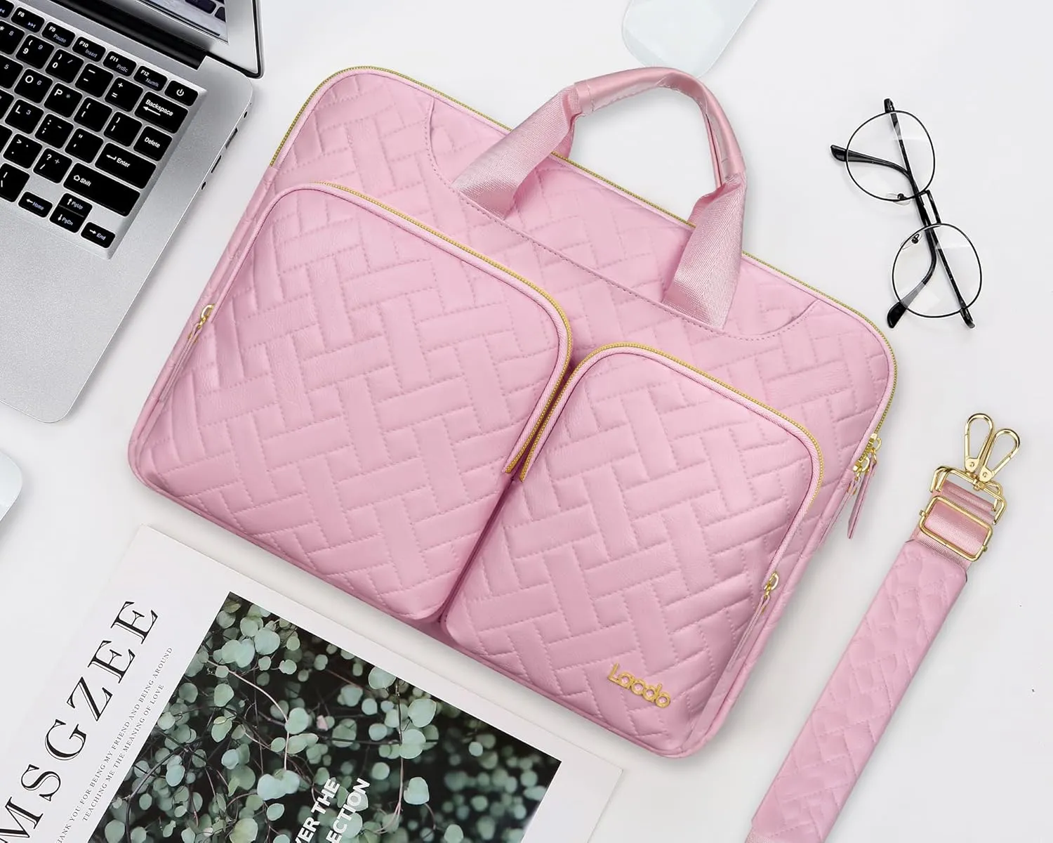Lacdo Laptop Bag for Women, 16 inch Laptop Shoulder Bag for 16 inch New MacBook Pro M4/M3/M2 /M1 Pro Max A3403 A3186 A2991 A2780 A2485 2024-2019, 15" Surface Laptop 7th Copilot PC, Sakura Pink
