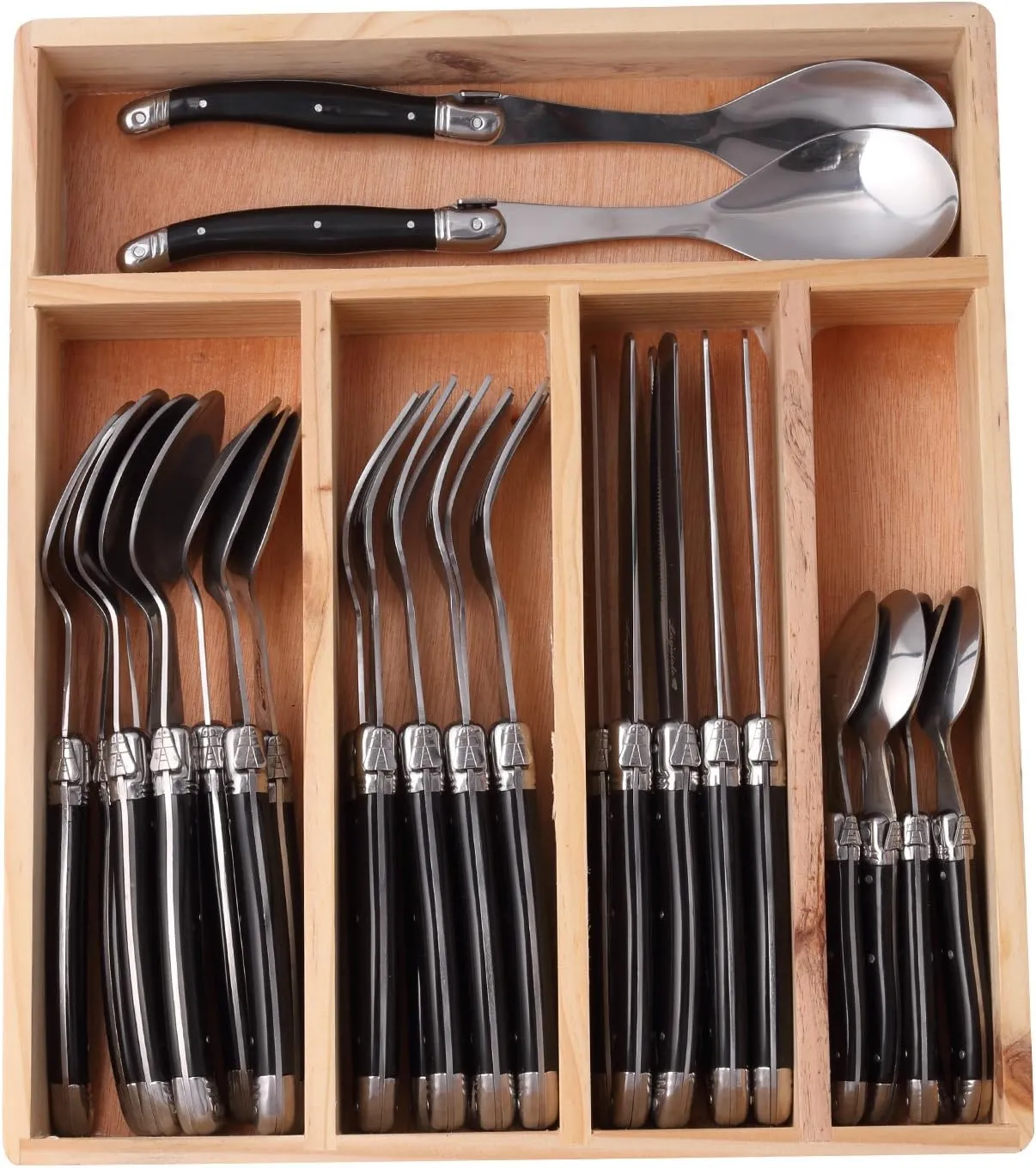 Laguiole By FlyingColors Stainless Steel Flatware Set. Black Color Handle, Wooden Storage Box, 34 Pieces