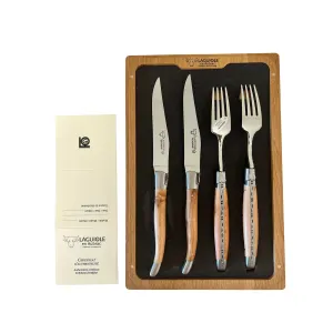 Laguiole en Aubrac Handcrafted 4-Piece Set With 2 Steak Knives and 2 Forks with Juniper Wood Handles
