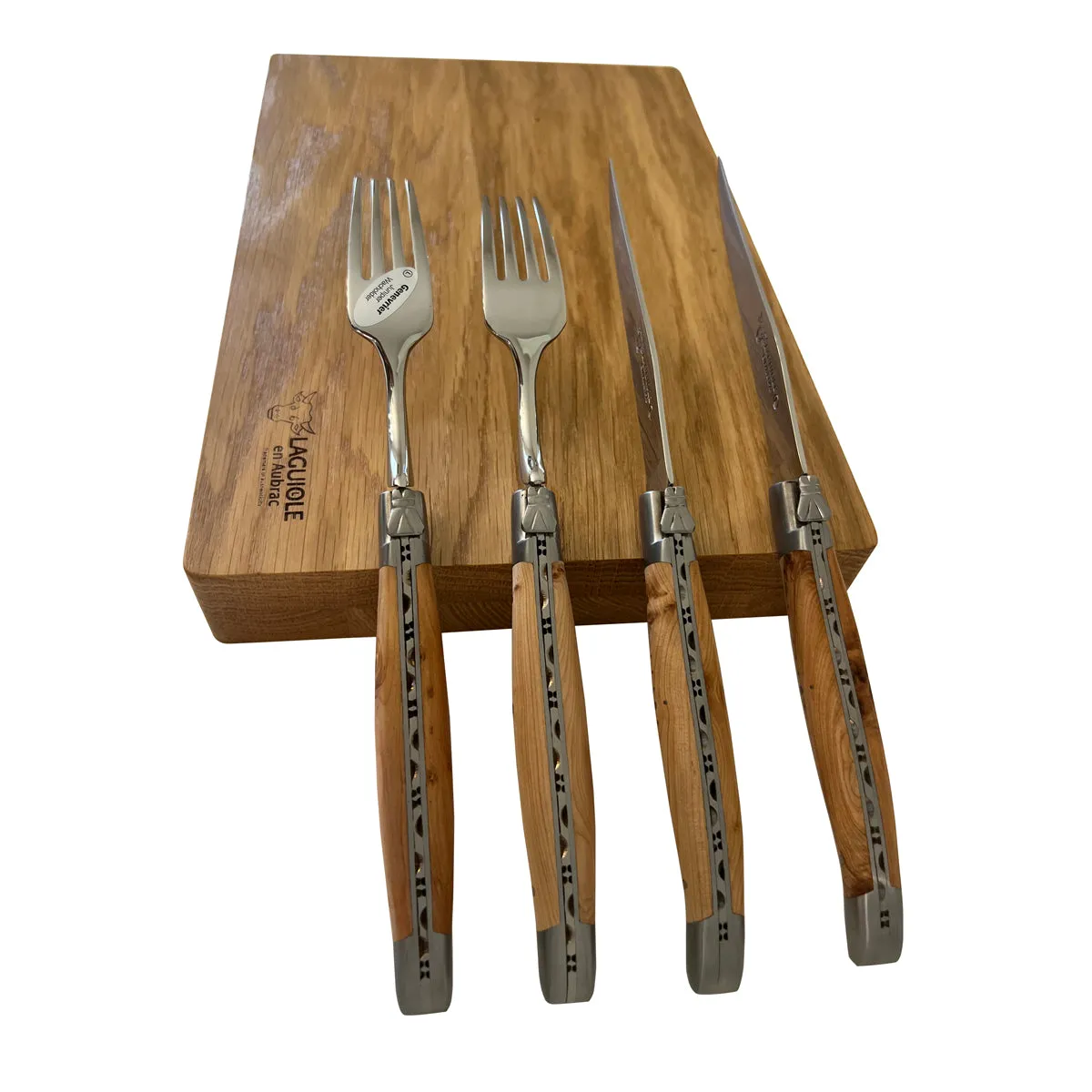 Laguiole en Aubrac Handcrafted 4-Piece Set With 2 Steak Knives and 2 Forks with Juniper Wood Handles