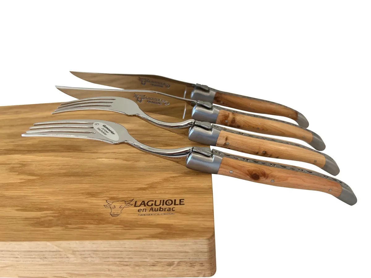 Laguiole en Aubrac Handcrafted 4-Piece Set With 2 Steak Knives and 2 Forks with Juniper Wood Handles