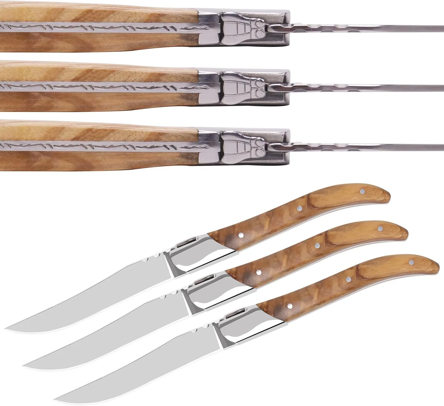Laguiole Style Steak Knife Set of 6, Non-serrated Steak Knife Set with Olive Wood Handle, Sharp Stainless Steel Steak Knives with Gift Box, Dinner Cutlery Set for Home Party