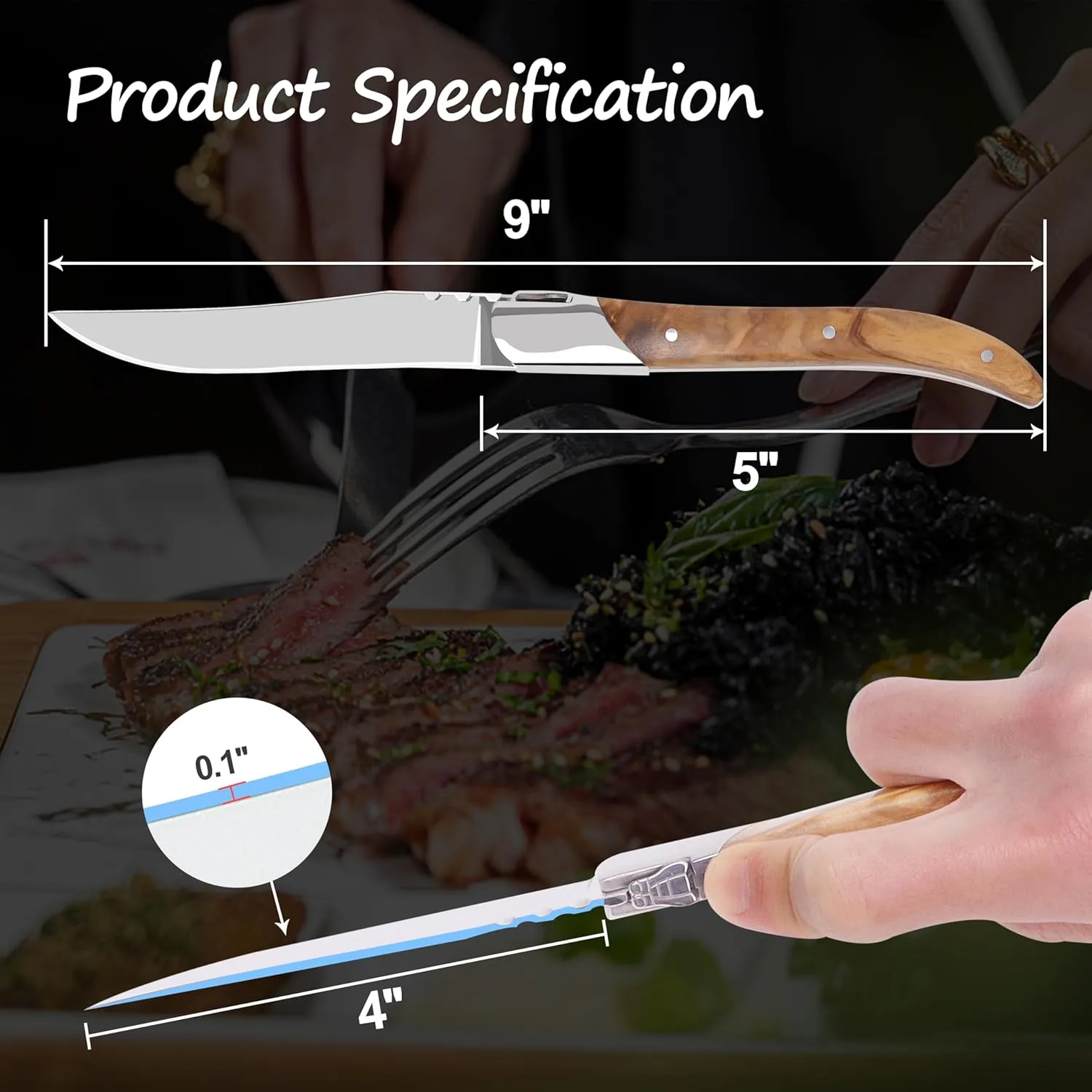 Laguiole Style Steak Knife Set of 6, Non-serrated Steak Knife Set with Olive Wood Handle, Sharp Stainless Steel Steak Knives with Gift Box, Dinner Cutlery Set for Home Party