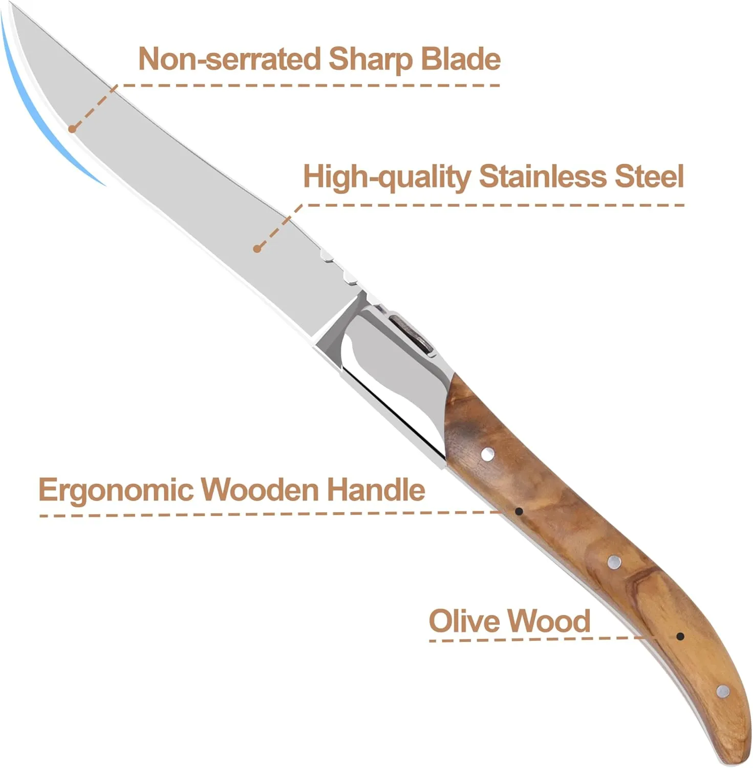 Laguiole Style Steak Knife Set of 6, Non-serrated Steak Knife Set with Olive Wood Handle, Sharp Stainless Steel Steak Knives with Gift Box, Dinner Cutlery Set for Home Party