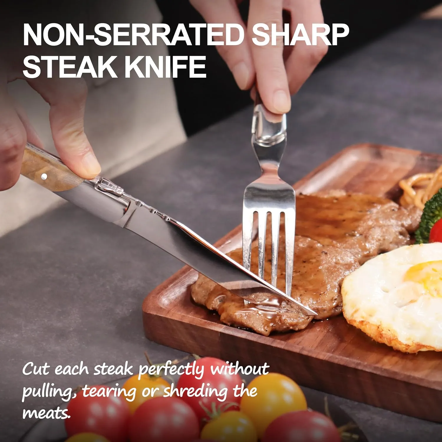 Laguiole Style Steak Knife Set of 6, Non-serrated Steak Knife Set with Olive Wood Handle, Sharp Stainless Steel Steak Knives with Gift Box, Dinner Cutlery Set for Home Party