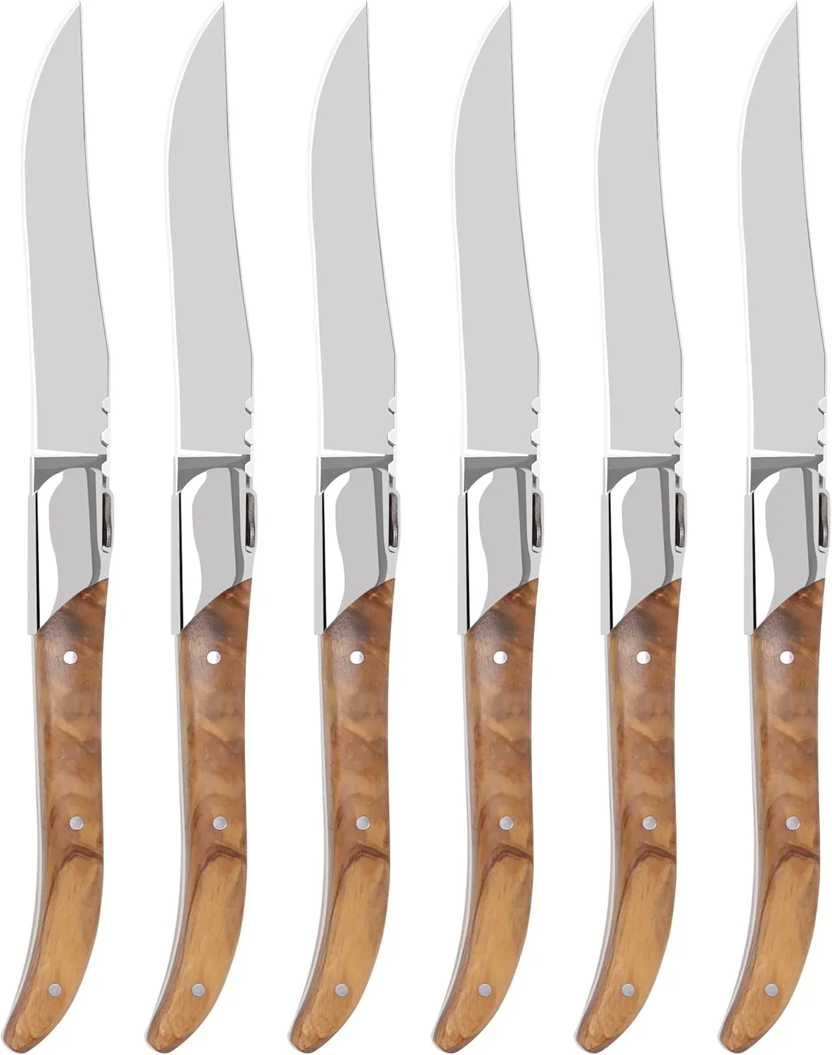 Laguiole Style Steak Knife Set of 6, Non-serrated Steak Knife Set with Olive Wood Handle, Sharp Stainless Steel Steak Knives with Gift Box, Dinner Cutlery Set for Home Party