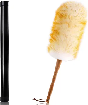 Lambswool Duster with Solid Wooden Handle,Leather Hang Strap,18.9 inch Long,Natural Feather Duster for Cleaning Ceiling Fans,Window Blinds,Computer Screens,Bookshelves etc (18.9-a)