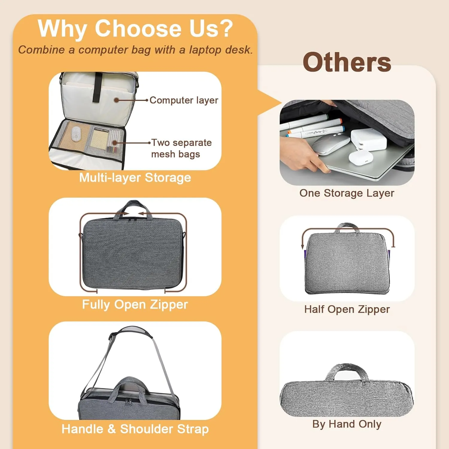 Lap Desk with Cushion, Adult Lap Desk with Storage for Up to 15.6in, Combines Laptop Bag & Table Features, Portable Workstation for Home, College, Office (Light Brown)