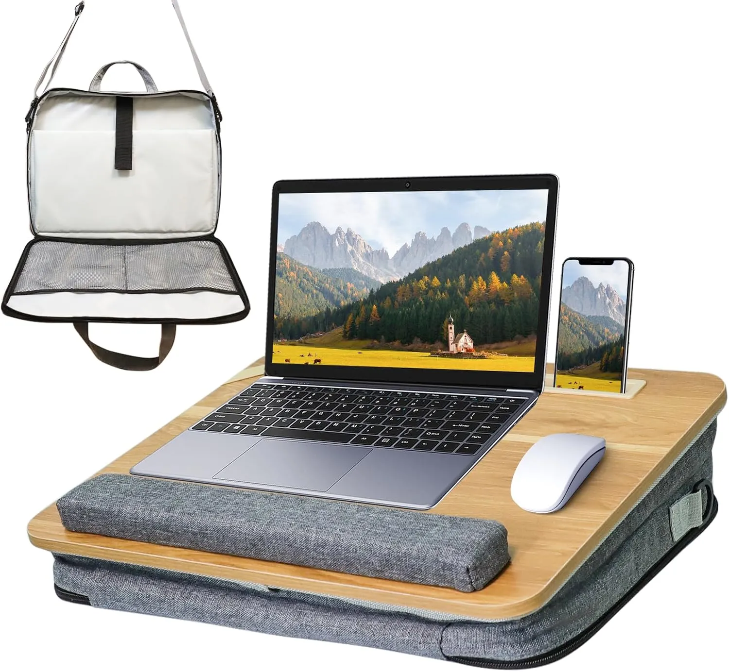 Lap Desk with Cushion, Adult Lap Desk with Storage for Up to 15.6in, Combines Laptop Bag & Table Features, Portable Workstation for Home, College, Office (Light Brown)