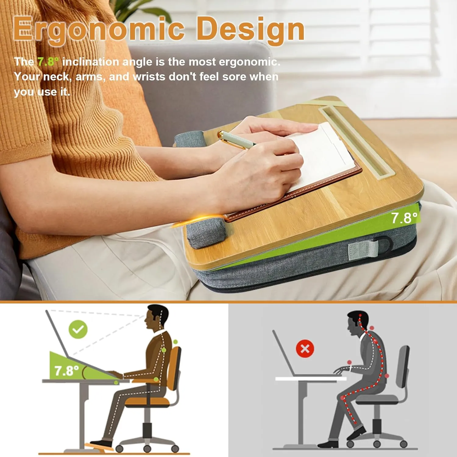 Lap Desk with Cushion, Adult Lap Desk with Storage for Up to 15.6in, Combines Laptop Bag & Table Features, Portable Workstation for Home, College, Office (Light Brown)