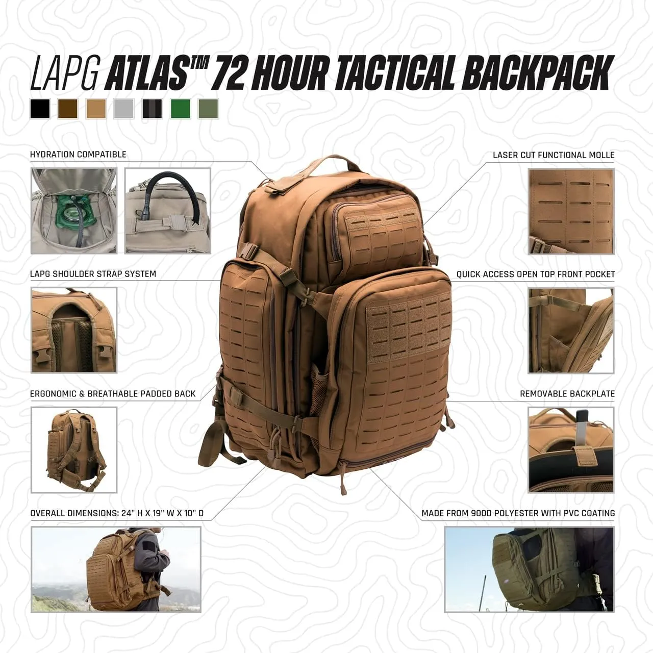 LAPG Atlas 72 Hour Tactical Backpack for Men & Women, Large Bug Out Bag with MOLLE System, Hiking Hunting Combat Backpack, Coyote