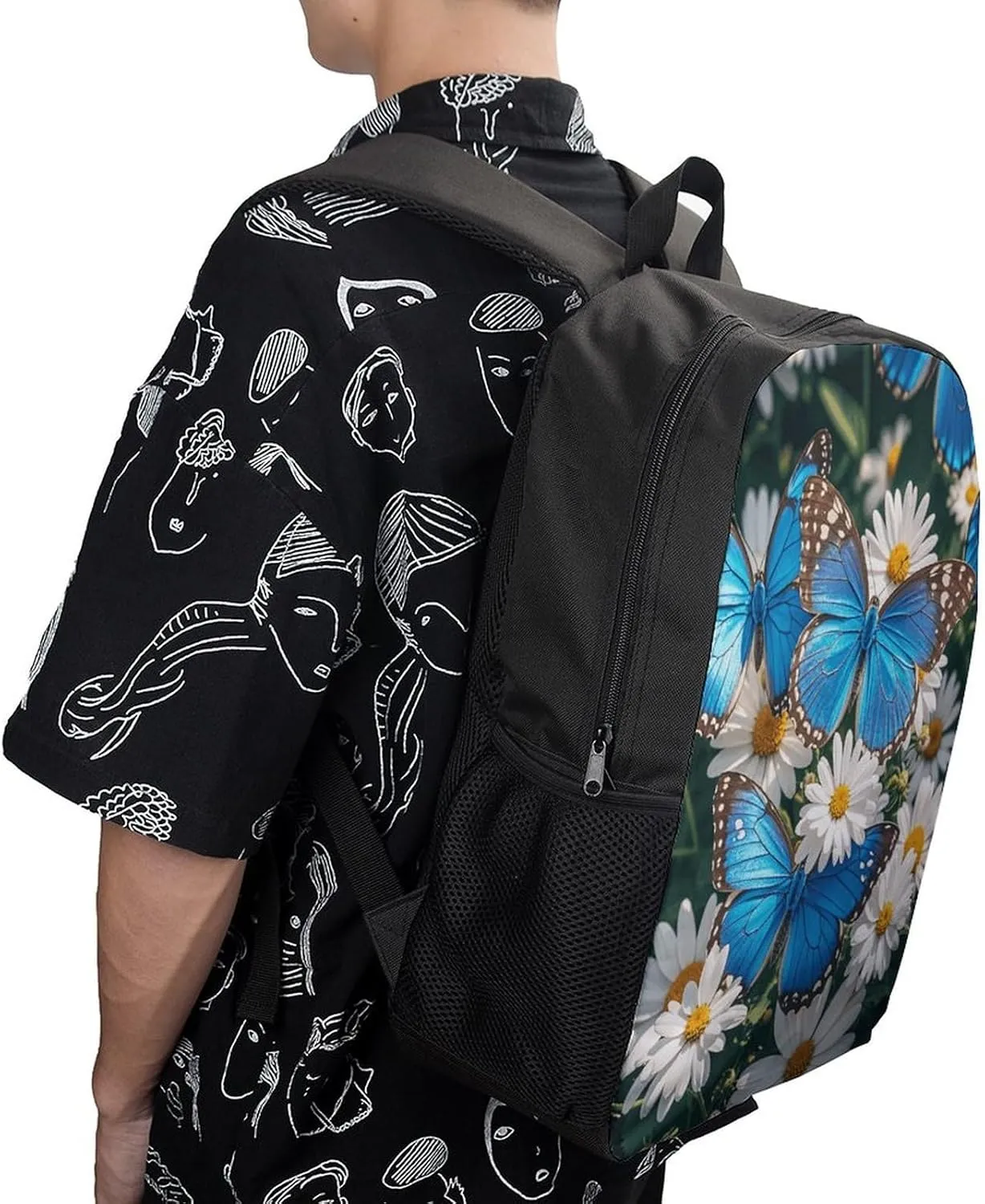 Laptop Backpack for Men Women Daypack Blue Butterflies White Flowers Computer Bag Travel Backpacks Laptop Bag