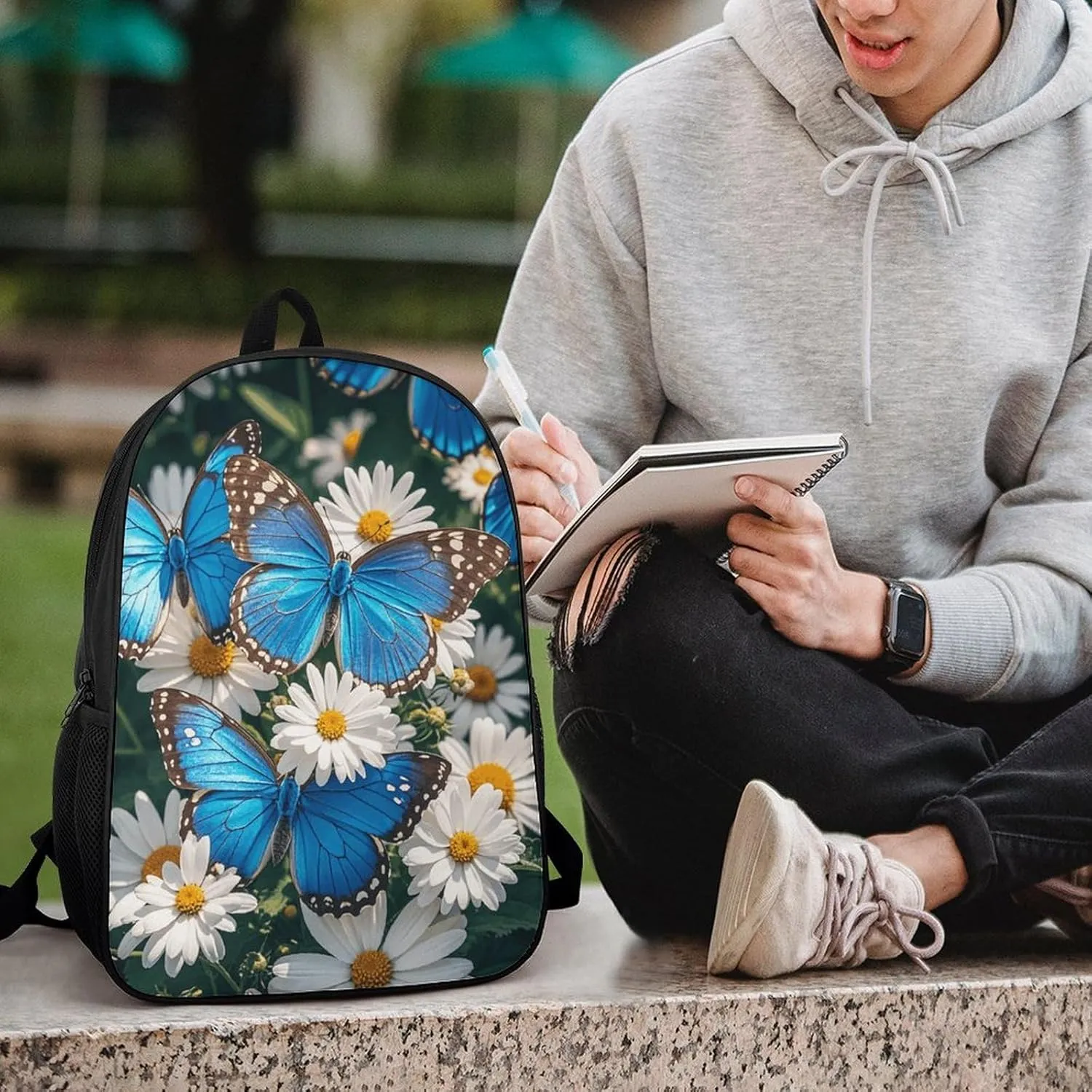 Laptop Backpack for Men Women Daypack Blue Butterflies White Flowers Computer Bag Travel Backpacks Laptop Bag