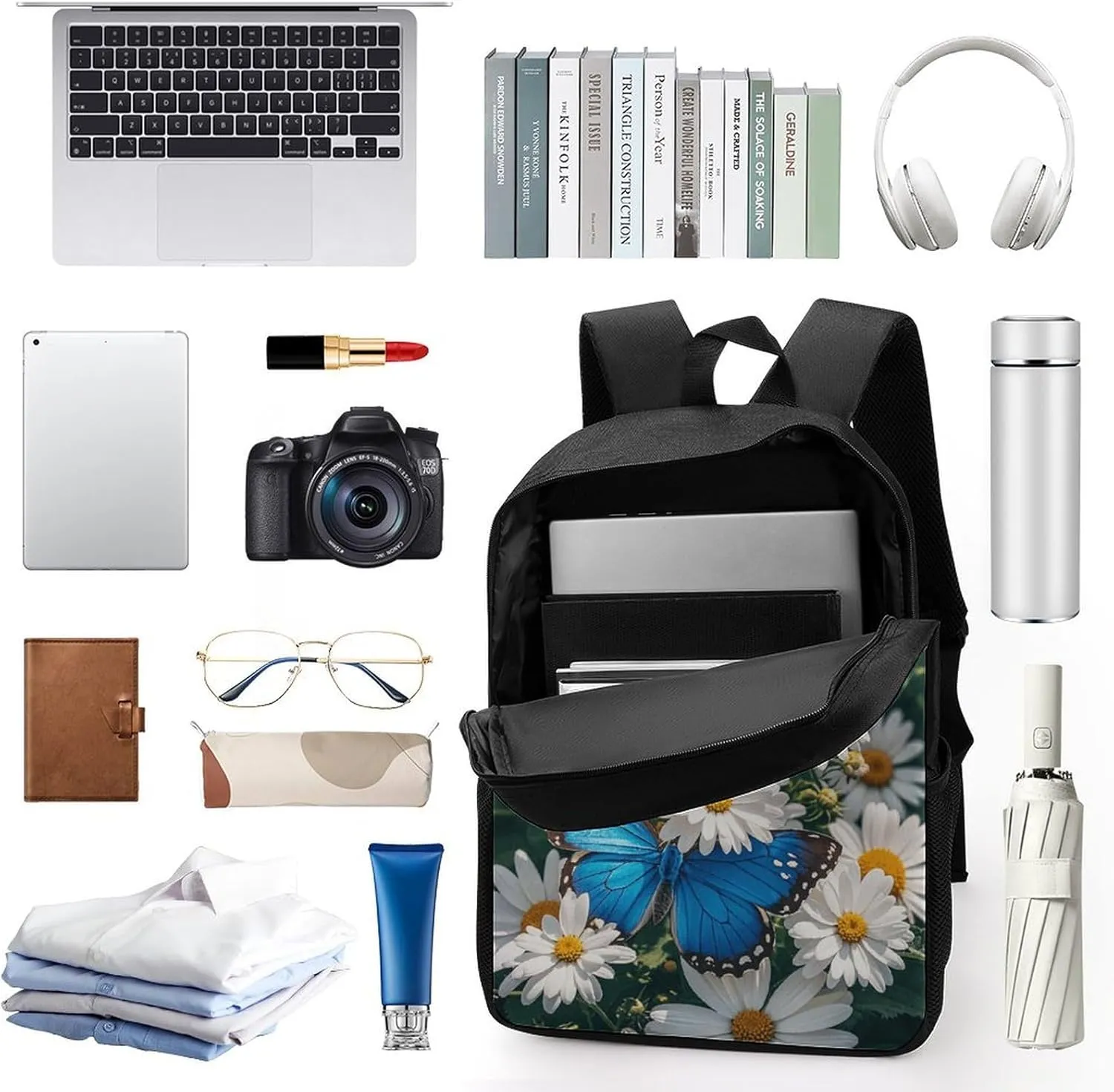 Laptop Backpack for Men Women Daypack Blue Butterflies White Flowers Computer Bag Travel Backpacks Laptop Bag