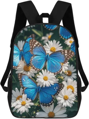 Laptop Backpack for Men Women Daypack Blue Butterflies White Flowers Computer Bag Travel Backpacks Laptop Bag