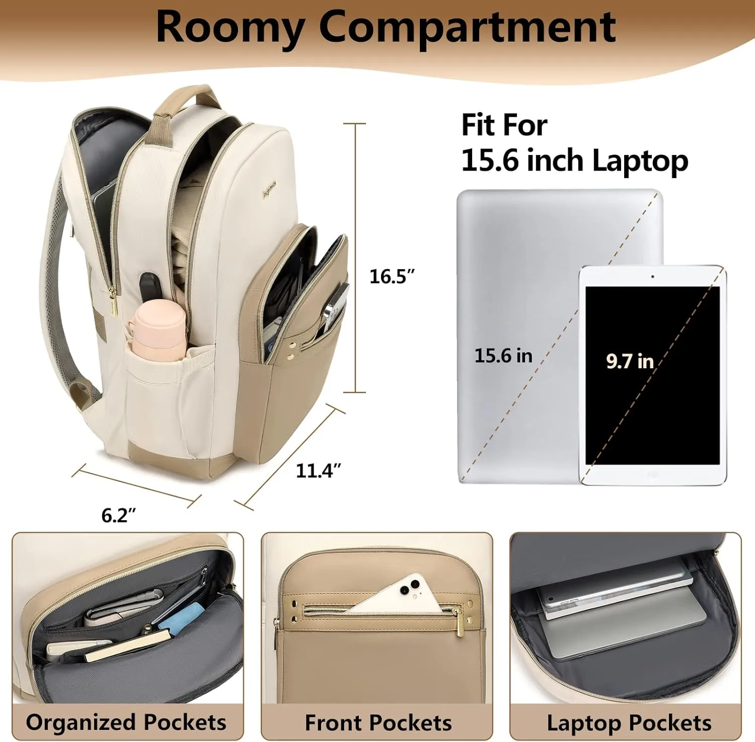 laptop backpack for Women - 15.6 inch Work Bags Travel Backpack with USB Charger College Bookbag Waterproof Business Computer Backpack Anti-theft Casual Backpacks for Nurse Teacher khaki
