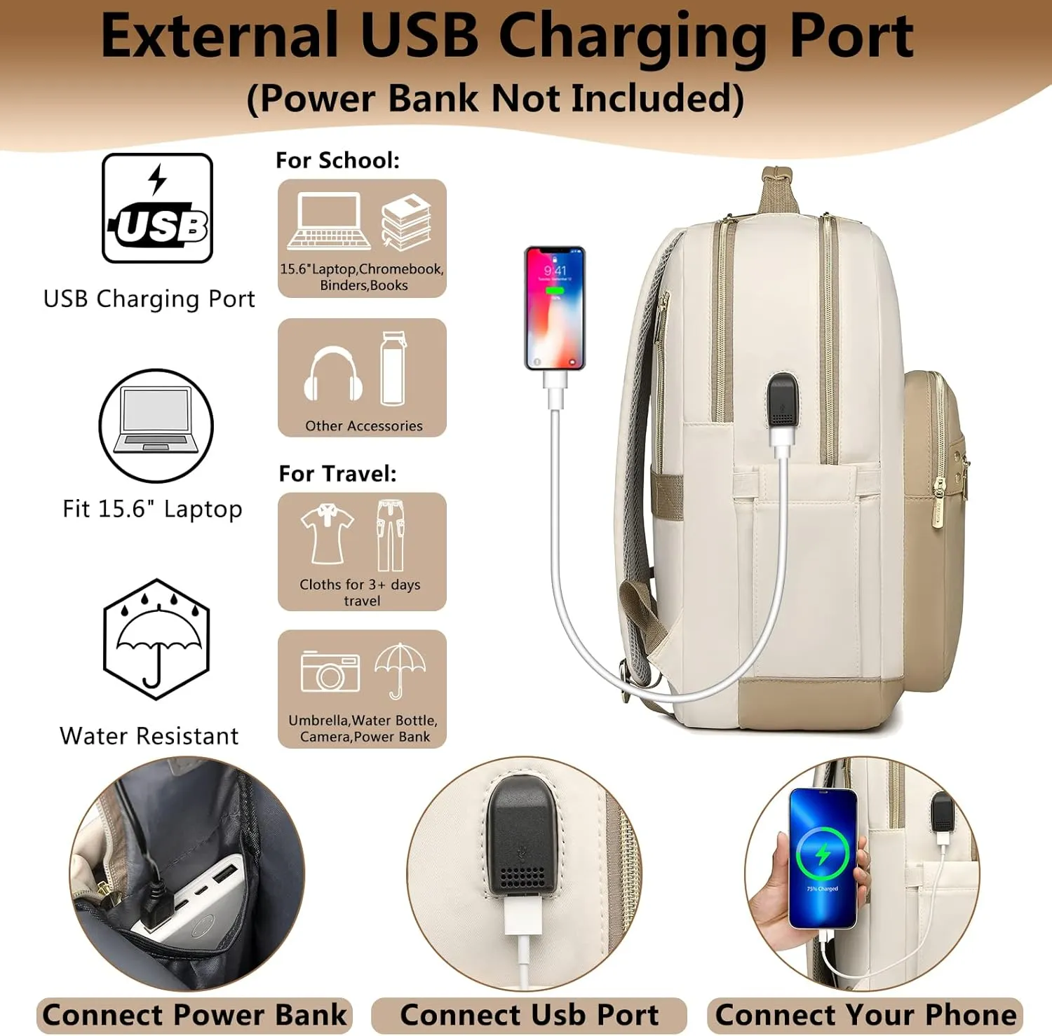 laptop backpack for Women - 15.6 inch Work Bags Travel Backpack with USB Charger College Bookbag Waterproof Business Computer Backpack Anti-theft Casual Backpacks for Nurse Teacher khaki