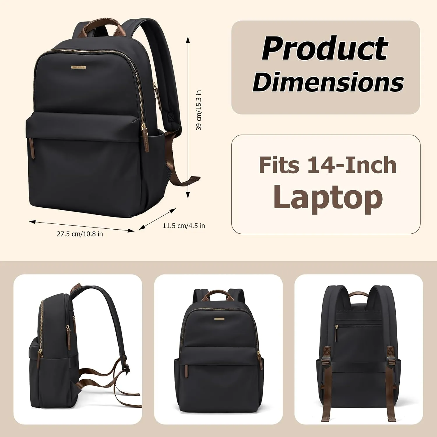 Laptop Backpack for Women Fit 14 Inch Stylish Daypack Notebook Travel Work Commuter Casual Daypack Backpack Purse for Women Travel Business (Black)