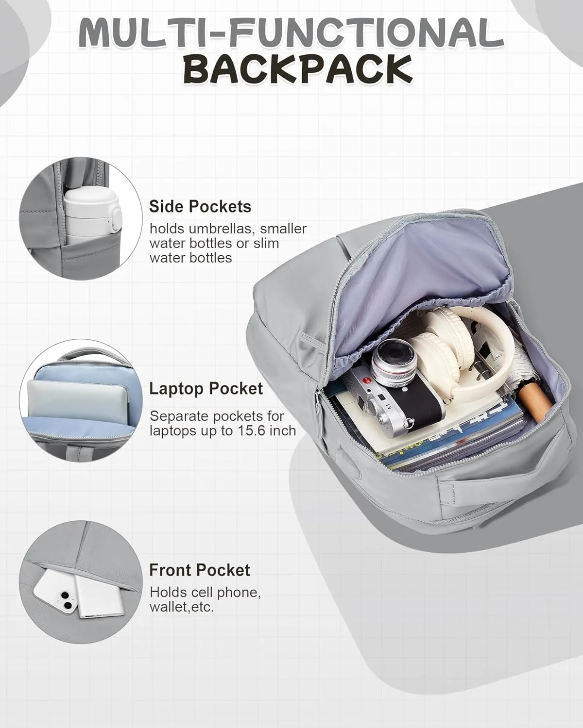 Laptop Backpack for Women Men Gym Work Backpack Casual Daypack Backpacks Small Travel Backpack for Traveling on Airplane Lightweight College Teacher Backpacks for Women Grey