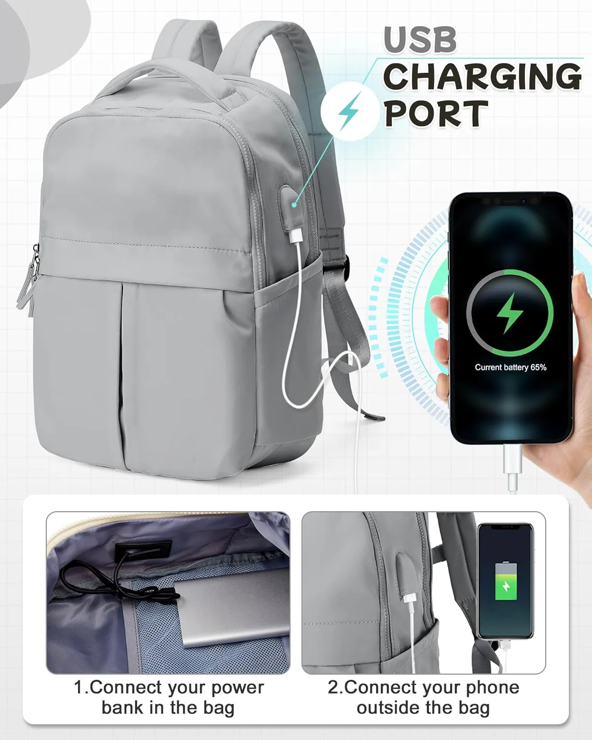 Laptop Backpack for Women Men Gym Work Backpack Casual Daypack Backpacks Small Travel Backpack for Traveling on Airplane Lightweight College Teacher Backpacks for Women Grey