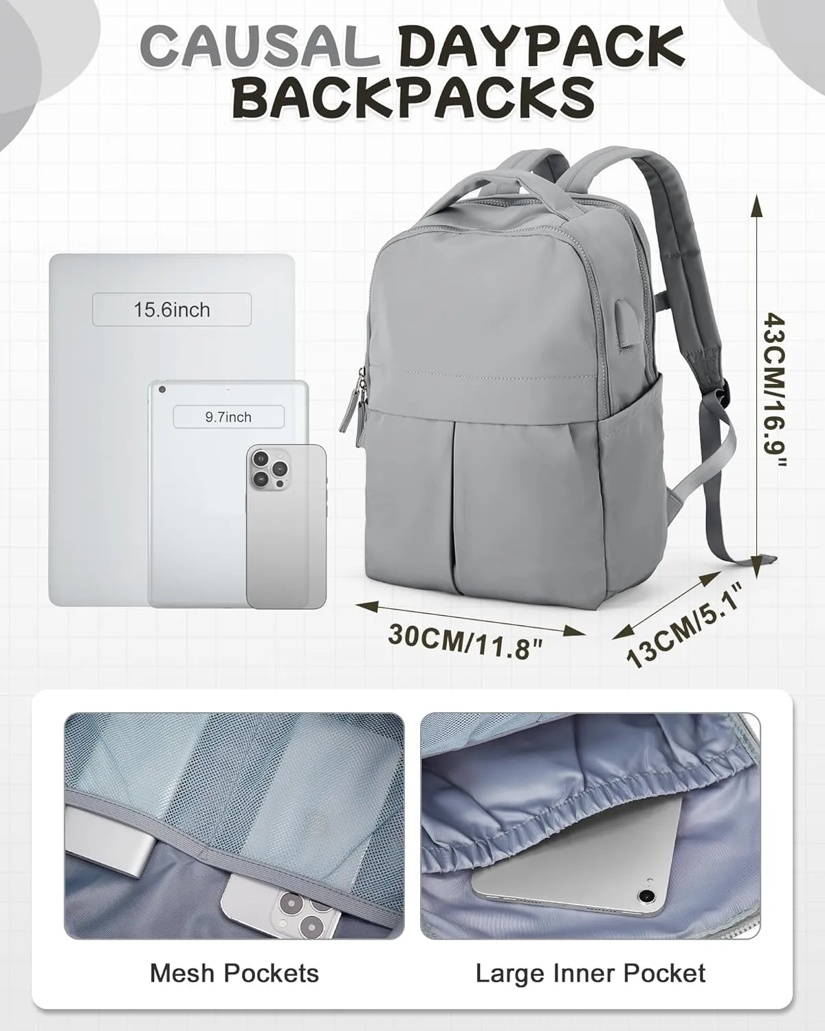 Laptop Backpack for Women Men Gym Work Backpack Casual Daypack Backpacks Small Travel Backpack for Traveling on Airplane Lightweight College Teacher Backpacks for Women Grey