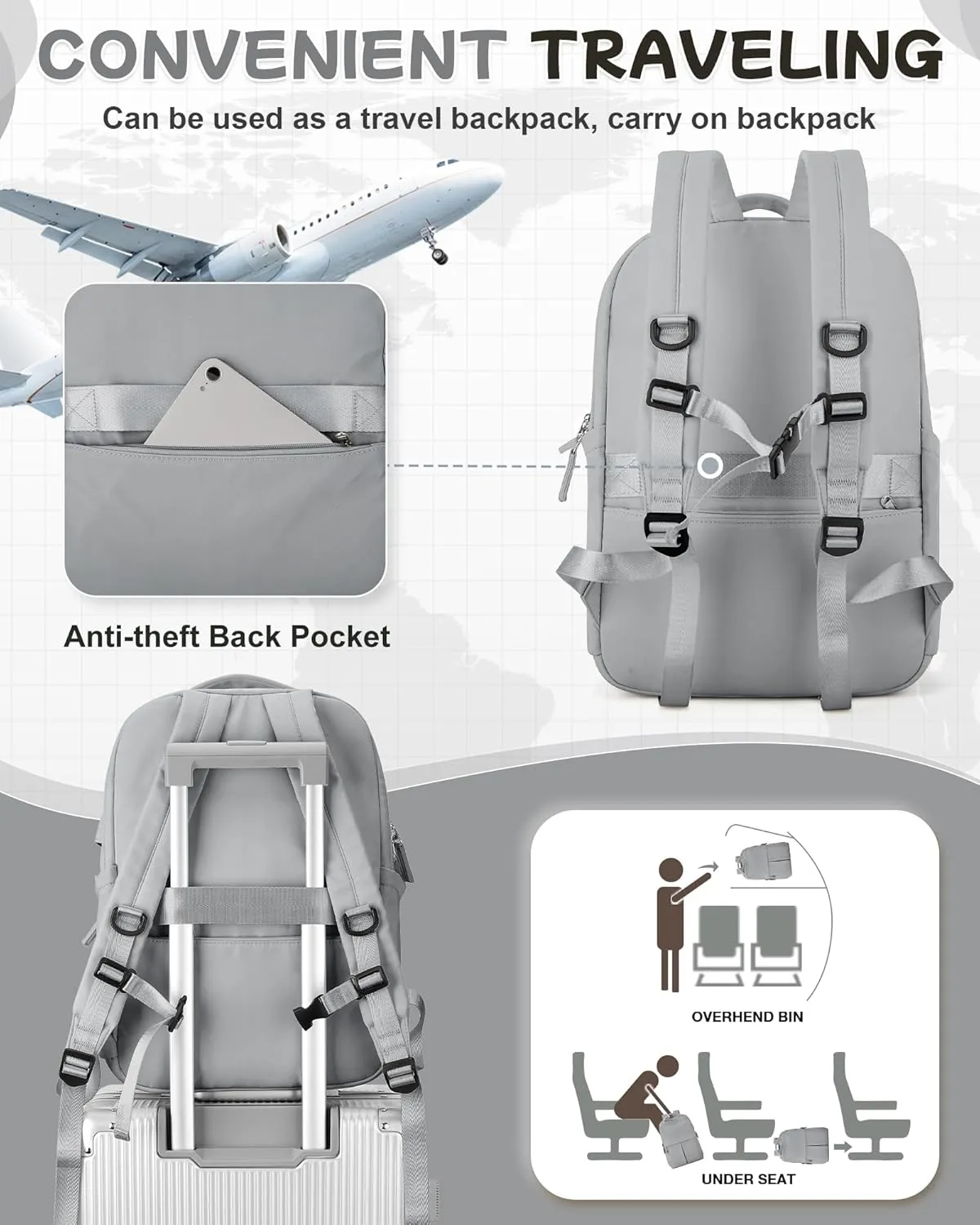 Laptop Backpack for Women Men Gym Work Backpack Casual Daypack Backpacks Small Travel Backpack for Traveling on Airplane Lightweight College Teacher Backpacks for Women Grey