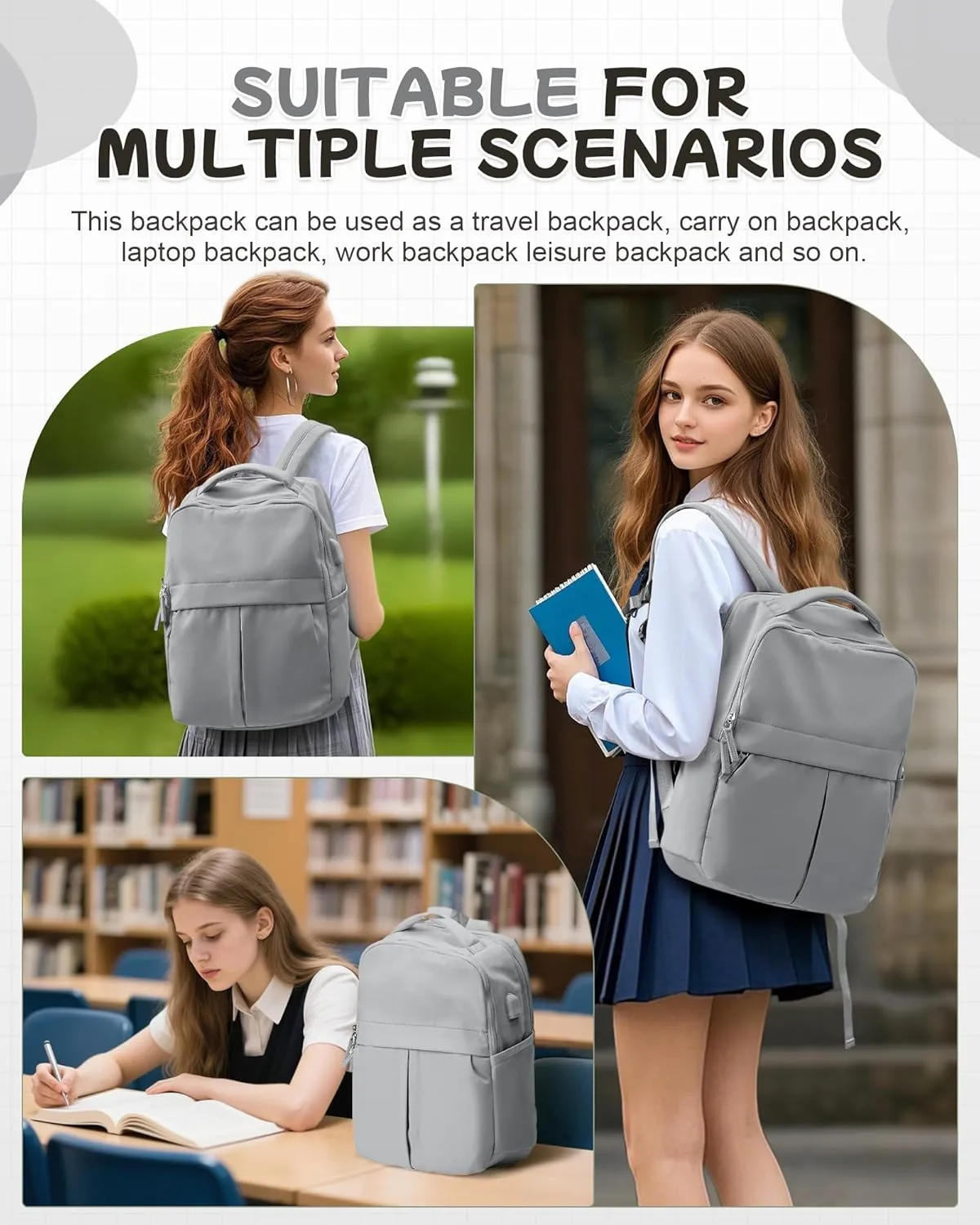 Laptop Backpack for Women Men Gym Work Backpack Casual Daypack Backpacks Small Travel Backpack for Traveling on Airplane Lightweight College Teacher Backpacks for Women Grey