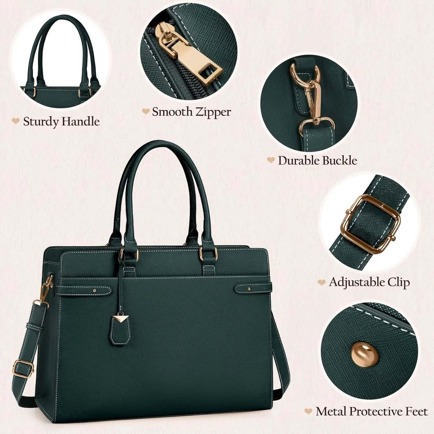 Laptop Bag for Women 15.6 Inch Leather Tote Bag Professional Work Bag Waterproof Computer Briefcase Business Office Bag Large Capacity Handbag Shoulder Bag, Dark Green