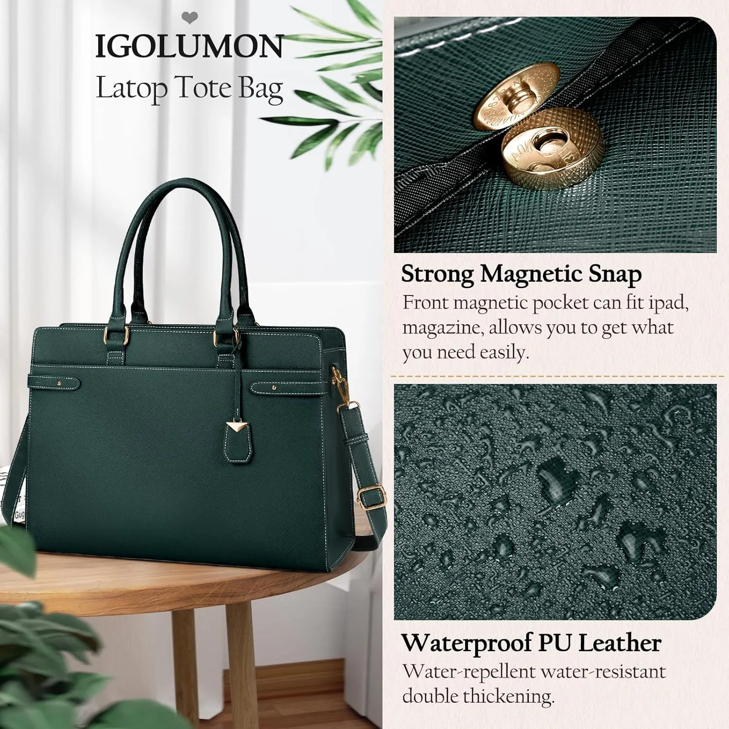 Laptop Bag for Women 15.6 Inch Leather Tote Bag Professional Work Bag Waterproof Computer Briefcase Business Office Bag Large Capacity Handbag Shoulder Bag, Dark Green