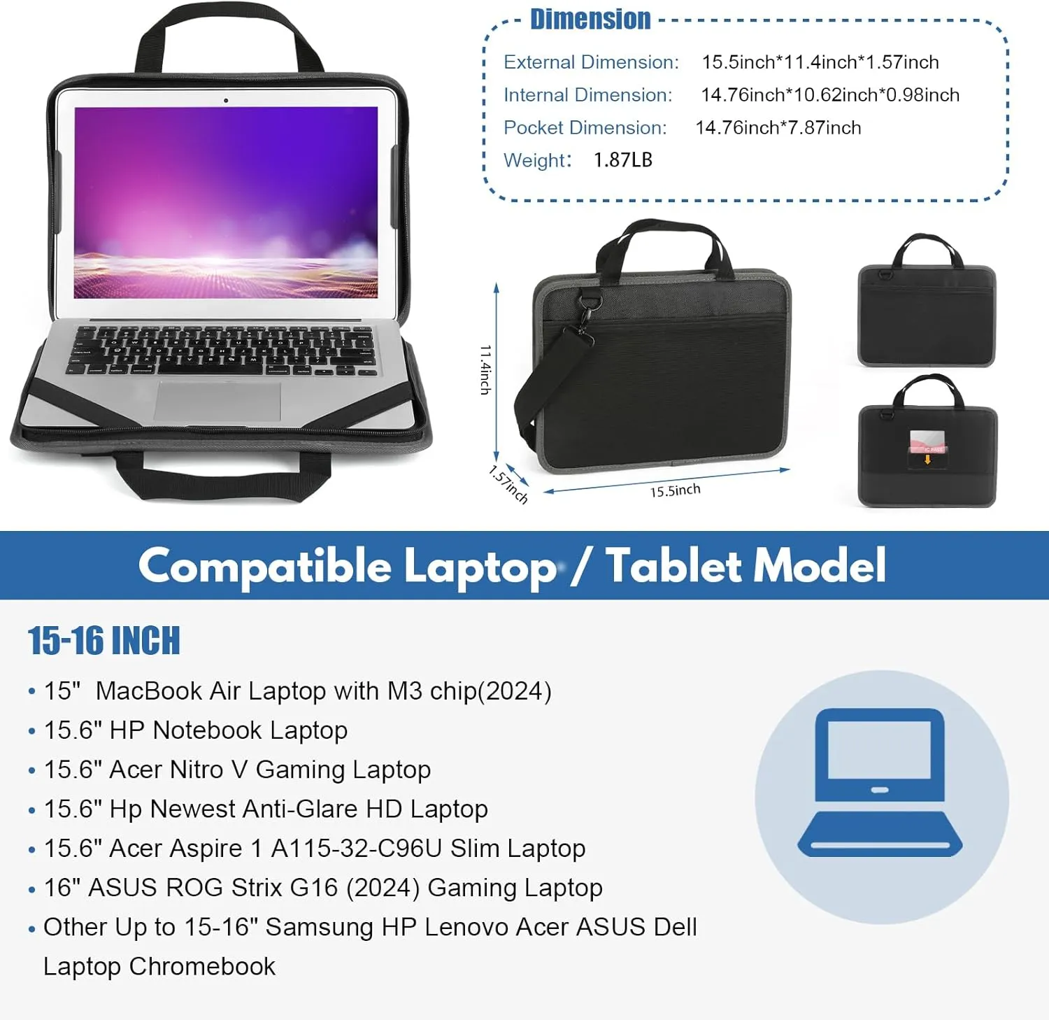 Laptop Case Sleeve 15.6 inch,15-16 inch Shockproof Computer Cover for HP,Laptop Bag for ASUS Acer Aspire 15,HP Pavilion/Envy 15,Dell Inspiron/Latitude 15,Lenovo IdeaPad 15,ASUS ZenBook(Black)