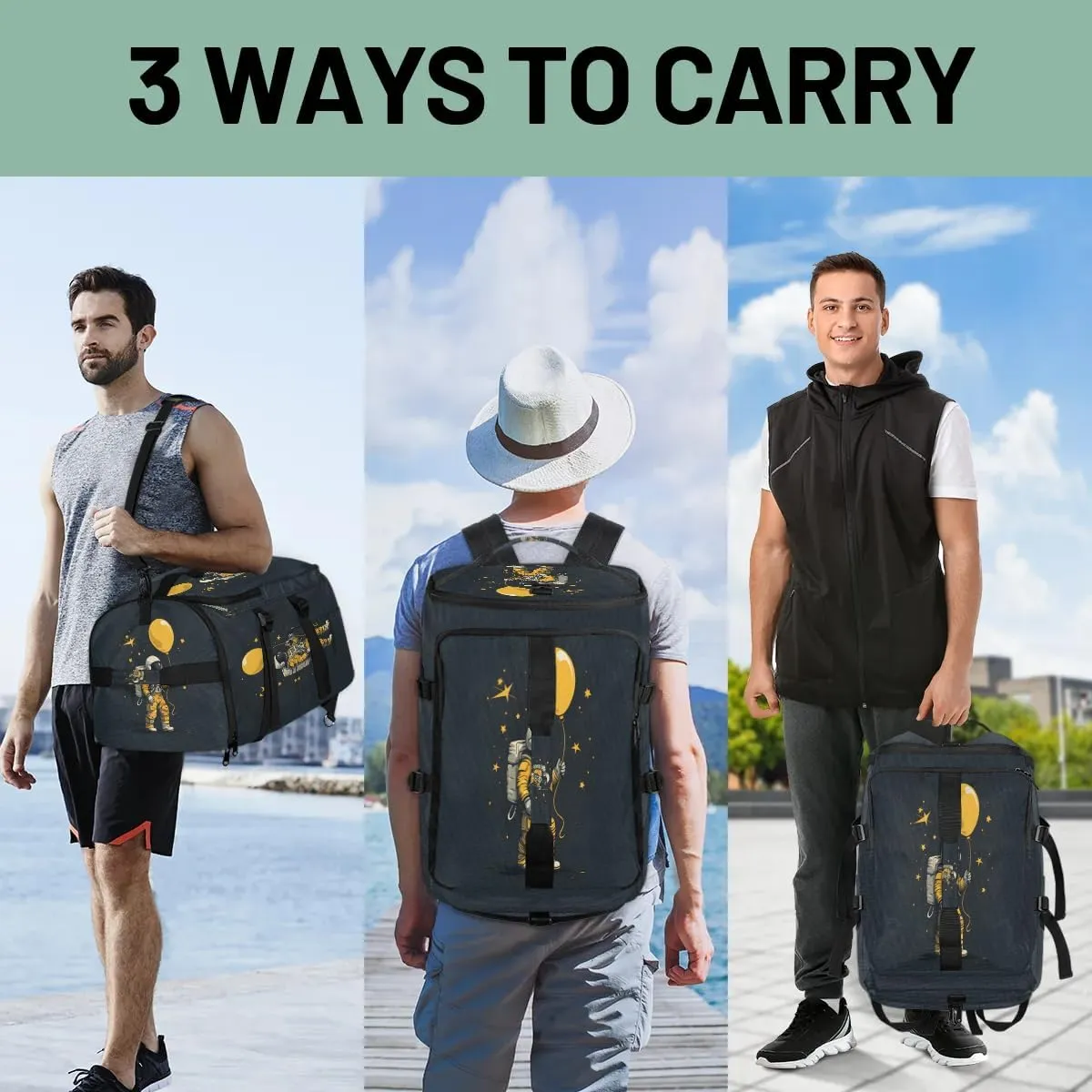 Large Carry on Backpack for Women Men Multi-function Gym Duffle Bag Astronaut in Space Backpack Polyester Waterproof Duffel Bags
