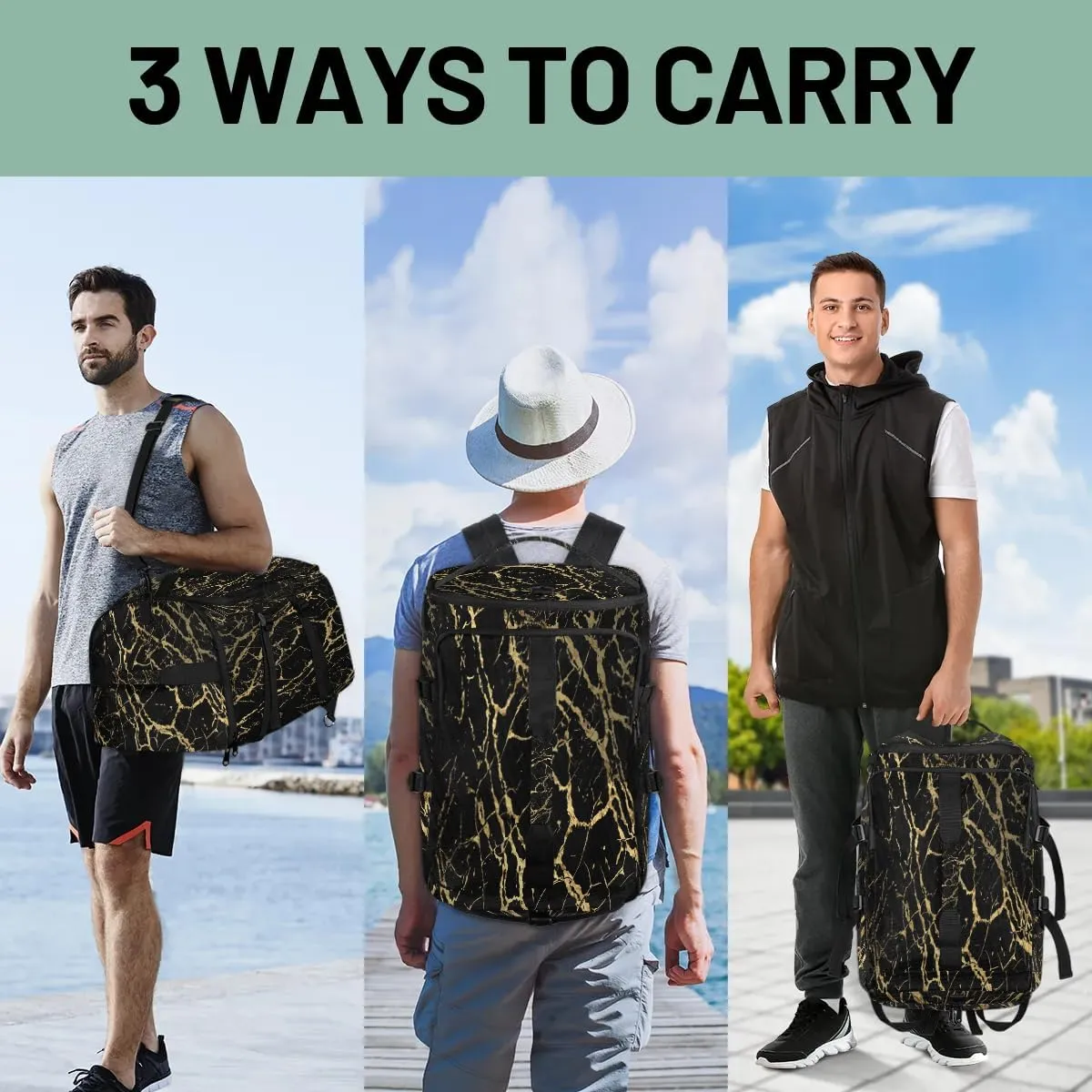 Large Carry on Backpack for Women Men Multi-function Gym Duffle Bag Black Marble Gold Texture Backpack Polyester Waterproof Duffel Bags
