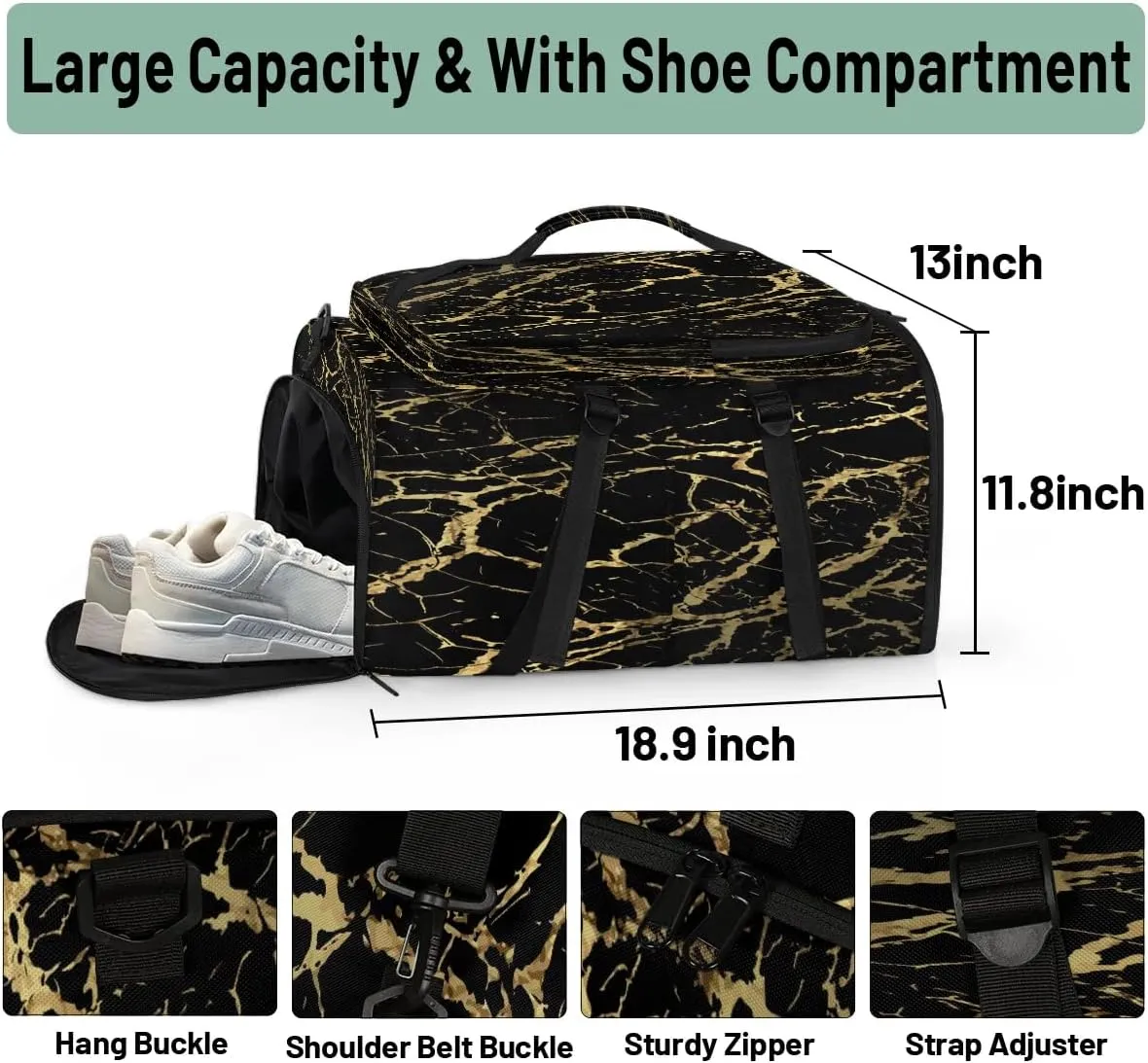 Large Carry on Backpack for Women Men Multi-function Gym Duffle Bag Black Marble Gold Texture Backpack Polyester Waterproof Duffel Bags