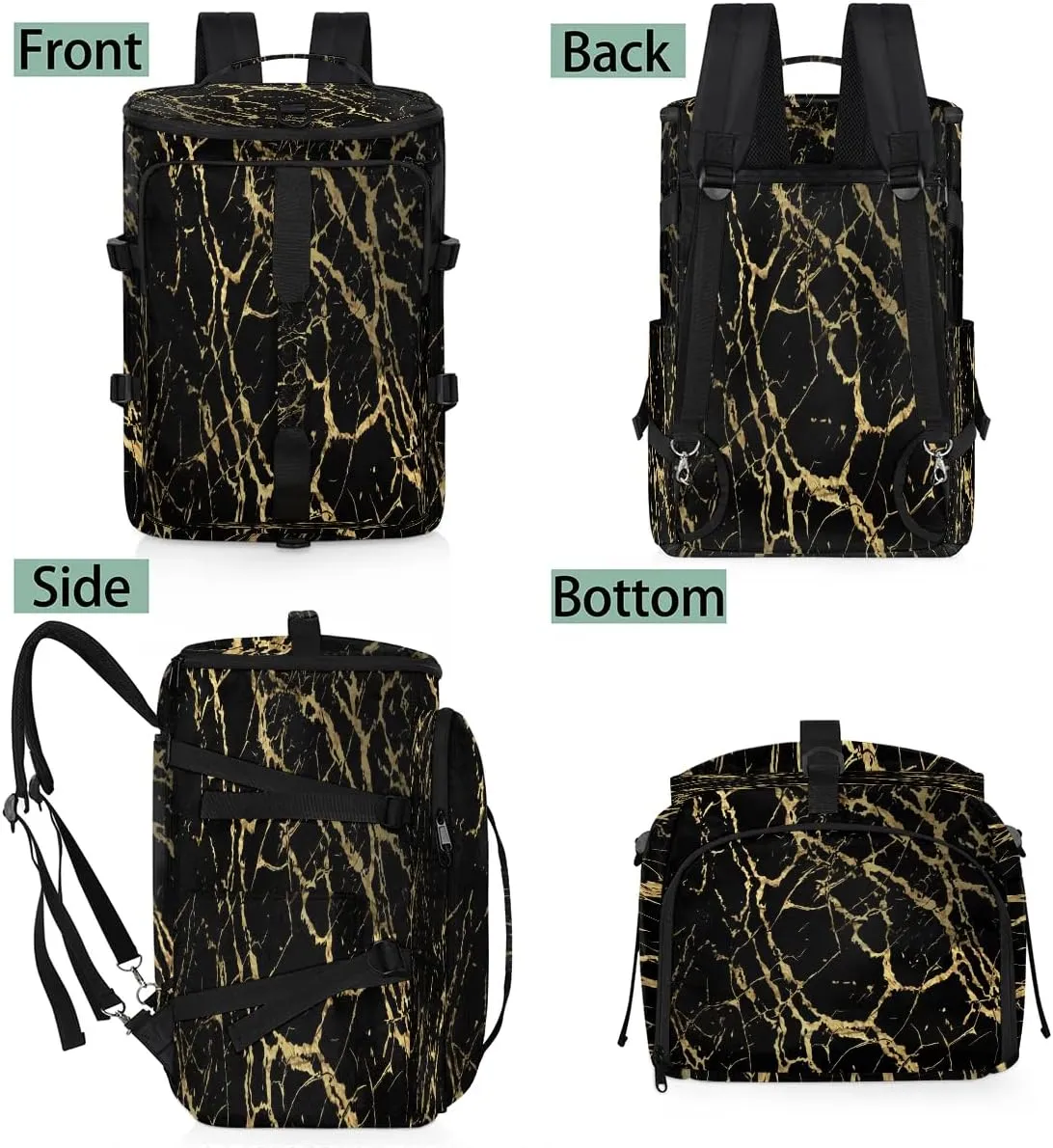 Large Carry on Backpack for Women Men Multi-function Gym Duffle Bag Black Marble Gold Texture Backpack Polyester Waterproof Duffel Bags