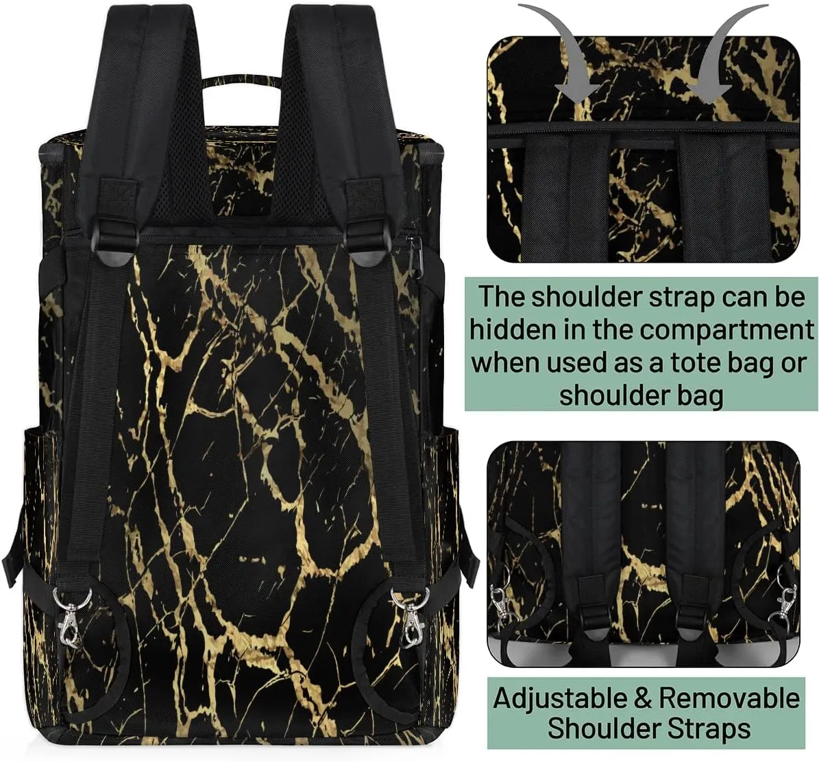 Large Carry on Backpack for Women Men Multi-function Gym Duffle Bag Black Marble Gold Texture Backpack Polyester Waterproof Duffel Bags