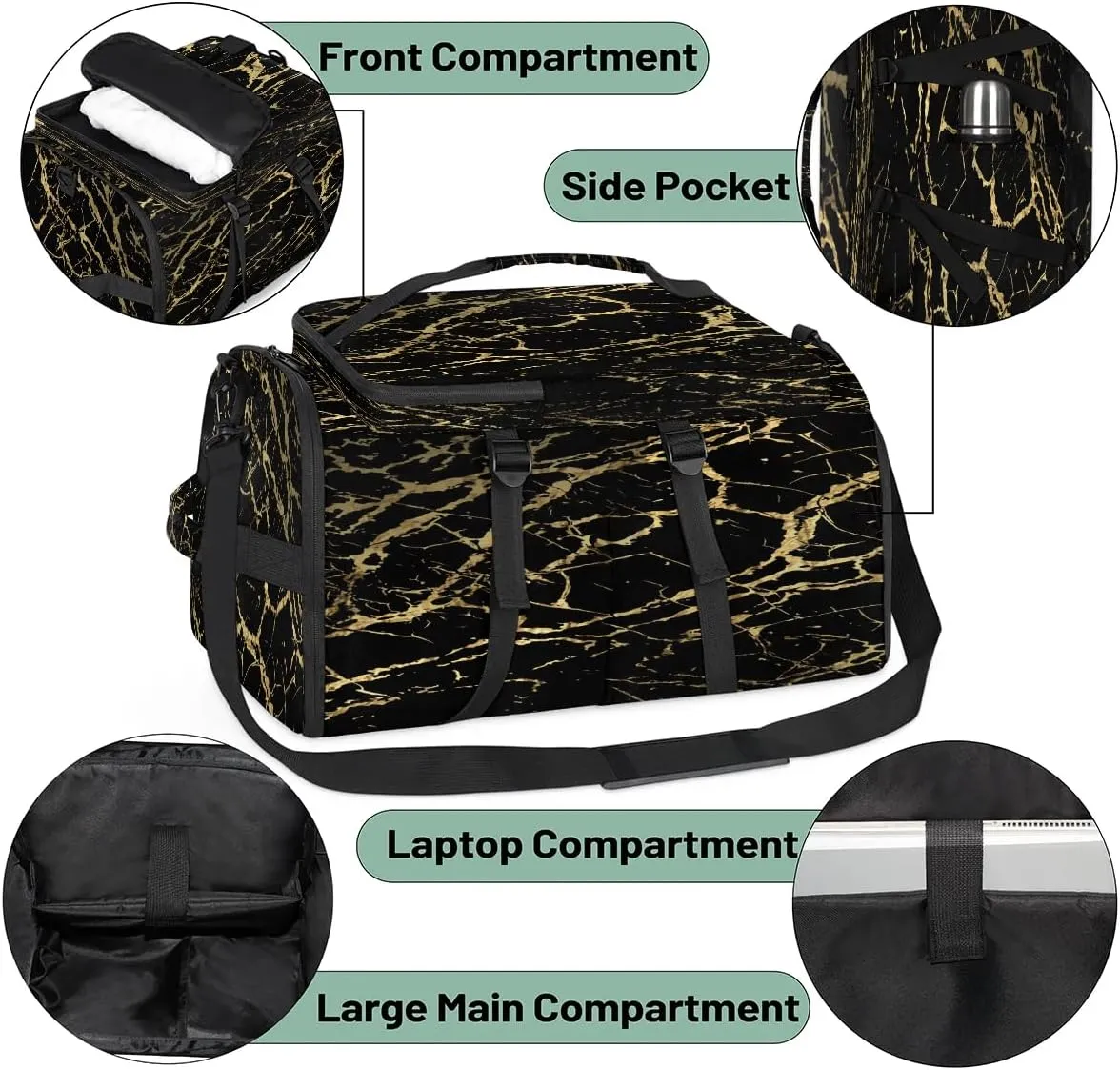 Large Carry on Backpack for Women Men Multi-function Gym Duffle Bag Black Marble Gold Texture Backpack Polyester Waterproof Duffel Bags