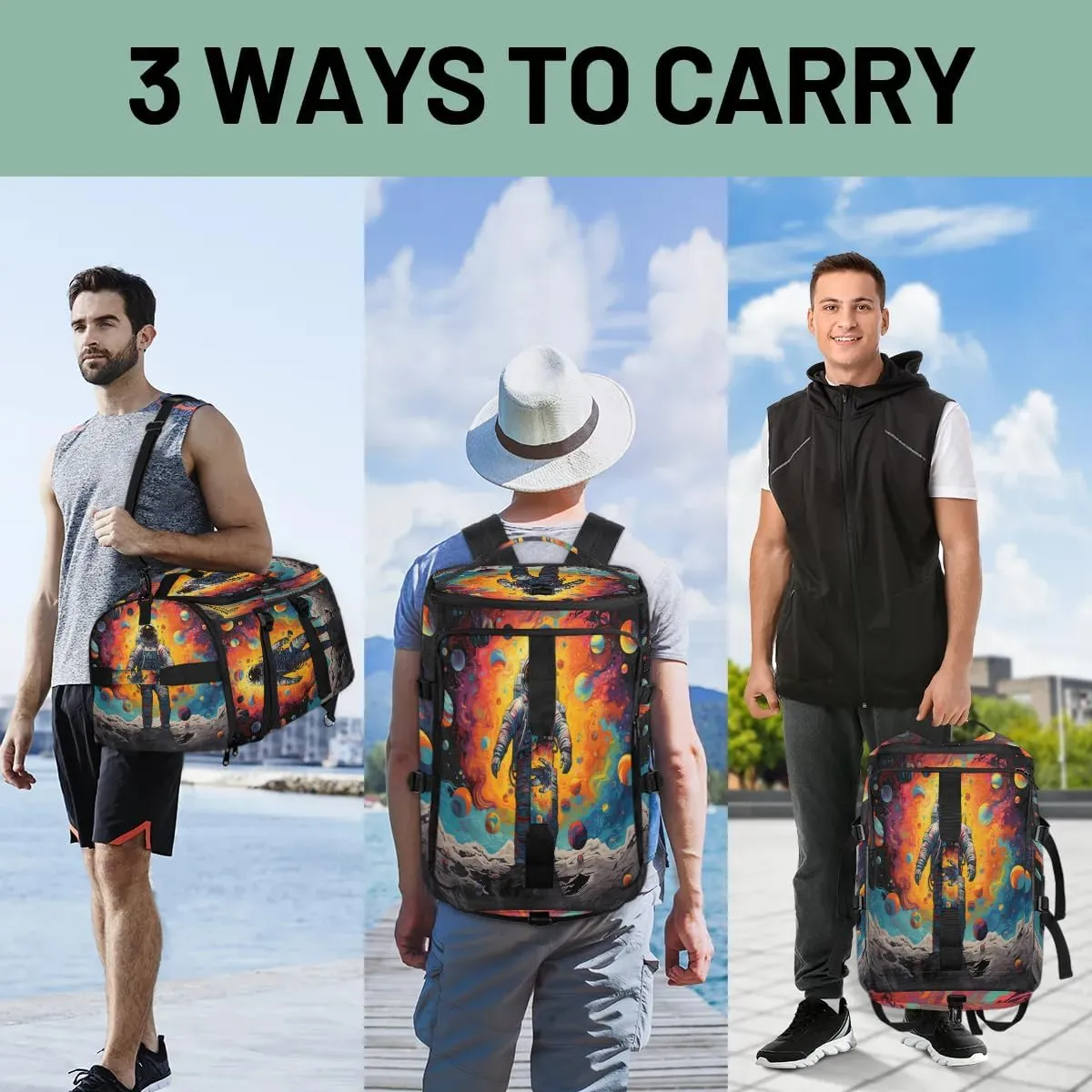 Large Carry on Backpack for Women Men Multi-function Gym Duffle Bag Planet Astronaut Backpack Polyester Waterproof Duffel Bags