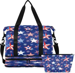 Large Gym Bag Usa Flag 4th July Sports Travel Duffel Bag,Weekender Overnight Bag with Wet Pocket and Shoes Compartment for Women Girls Travel, Gym, Yoga, School