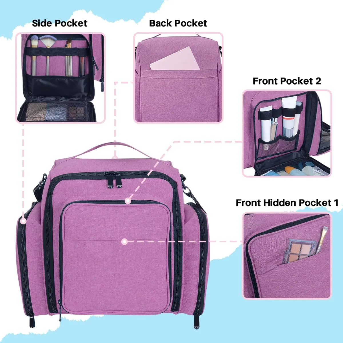 Large Makeup Bag Cosmetic Case Organizer with 3 Inner Removable Pouches Multifunctional Travel Train Storage,Purple