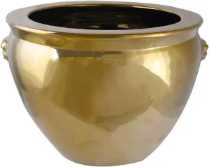 Large Shiny Gold Asian Porcelain Planter with Lion Handles