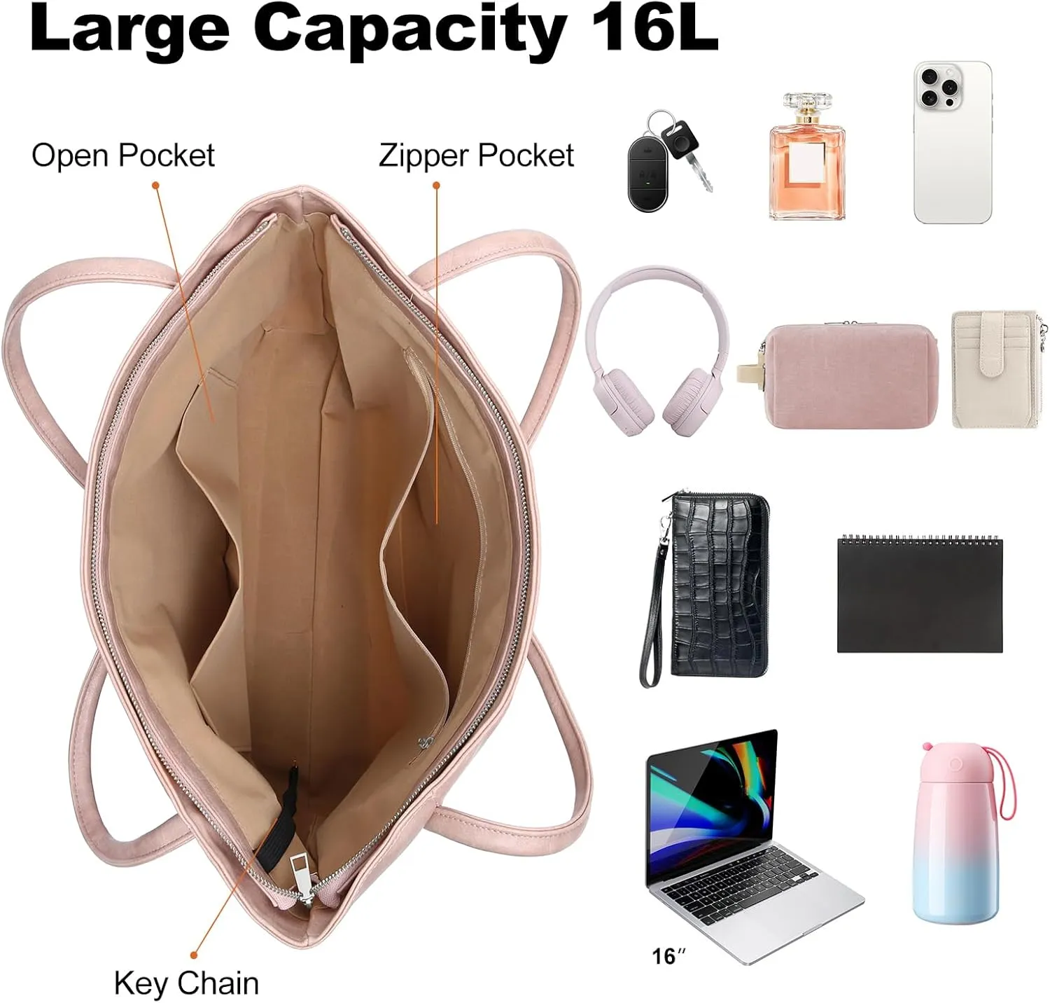 Large Tote Bag for Women Work with Zipper 16L Vegan Leather Ladies Travel Purses and Handbags