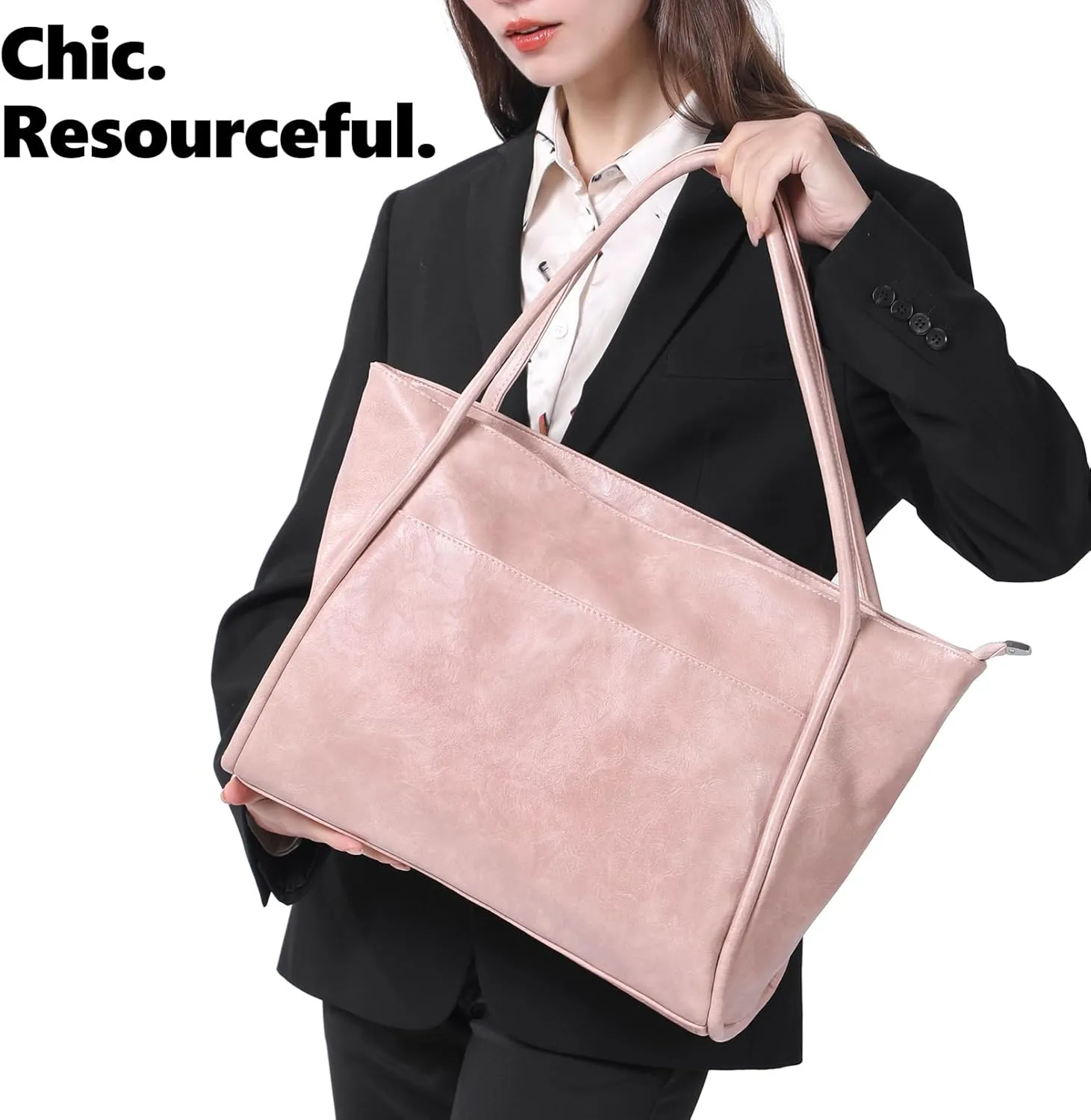 Large Tote Bag for Women Work with Zipper 16L Vegan Leather Ladies Travel Purses and Handbags