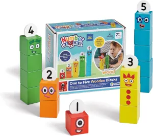 Learning Resources Numberblocks Wooden Blocks, 15 Multicoloured Blocks, Build Characters from One to Five, Numbers and Counting, Storage Bag, Educational Toy, 3 4 5  Years