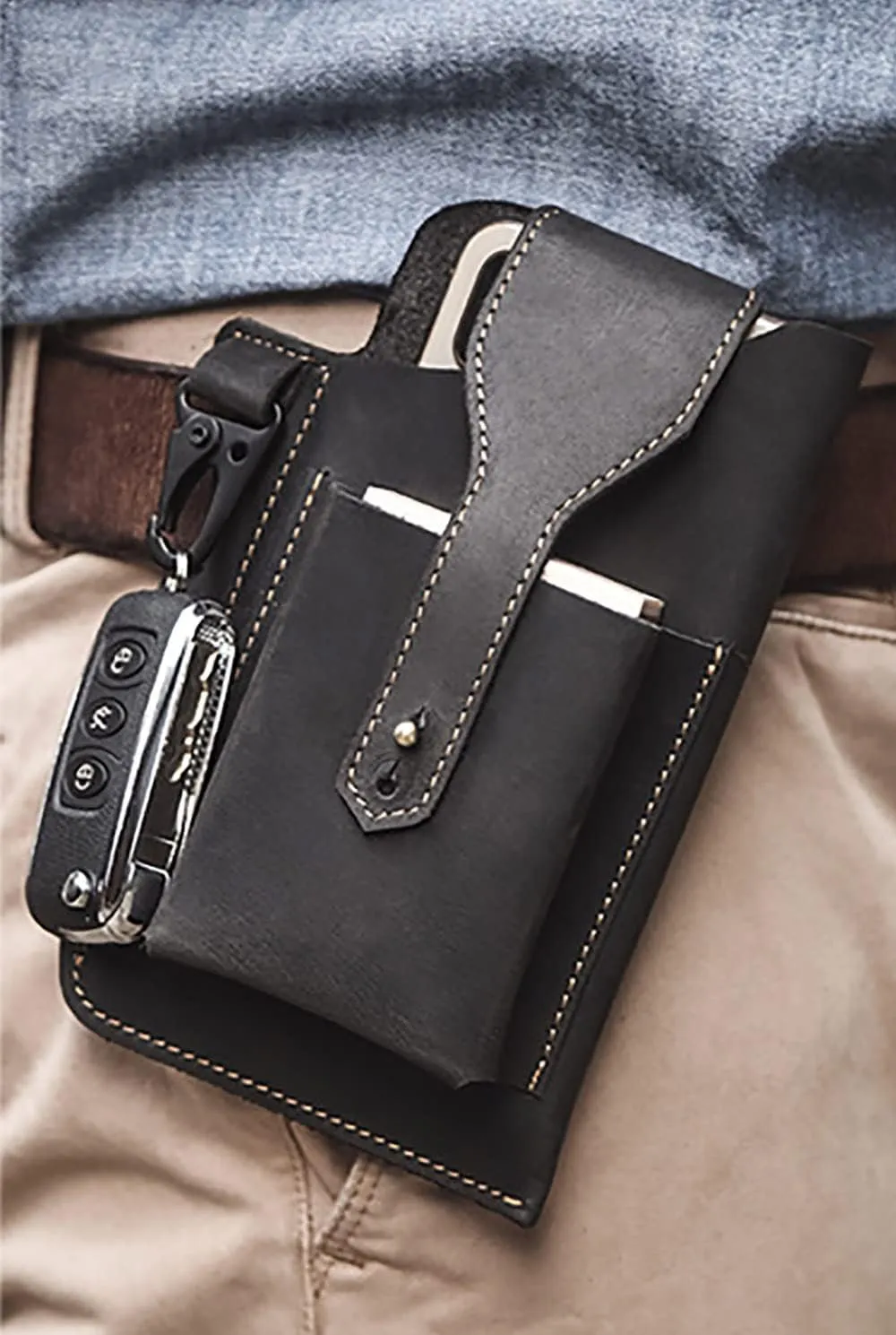 Leather Cell Phone Holster Black Multifunctional Vintage Phone Holster Waist Bag Outdoor Travel Postman Messenger Bag Gift for Husband Valentine's Day