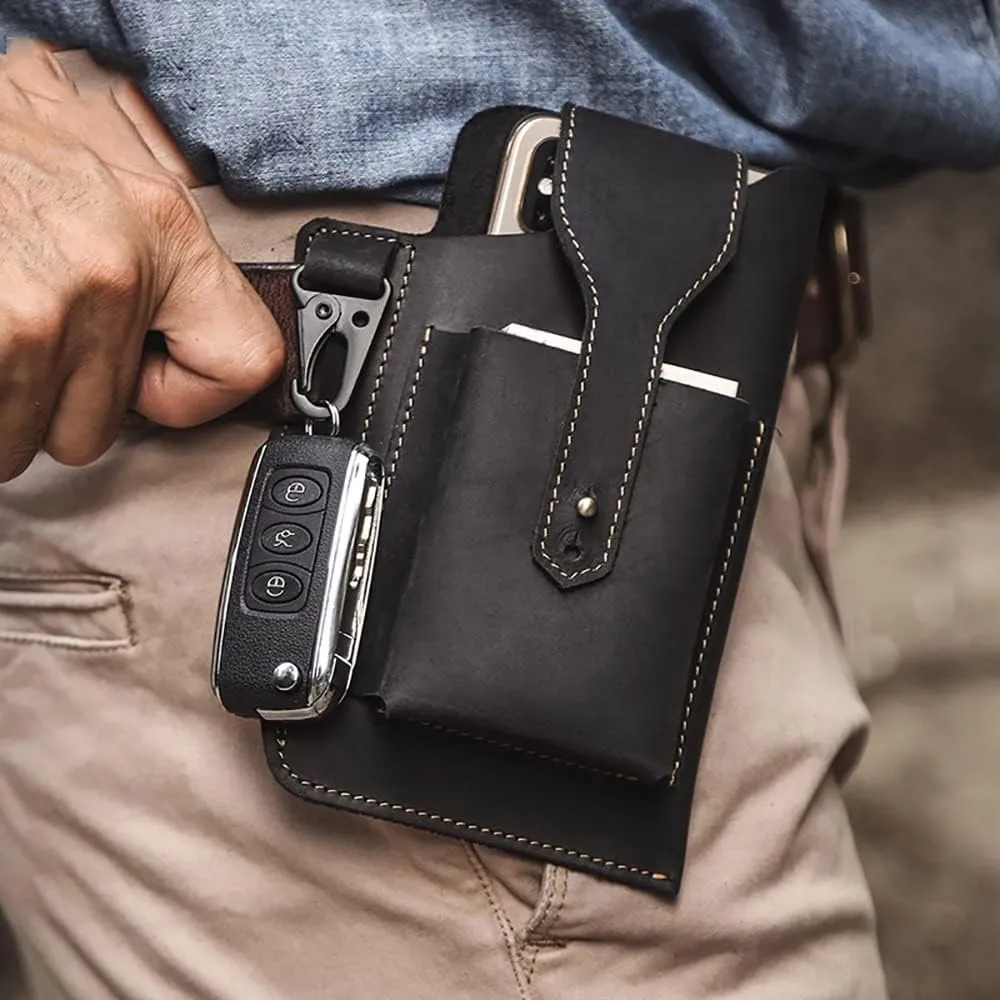Leather Cell Phone Holster Black Multifunctional Vintage Phone Holster Waist Bag Outdoor Travel Postman Messenger Bag Gift for Husband Valentine's Day